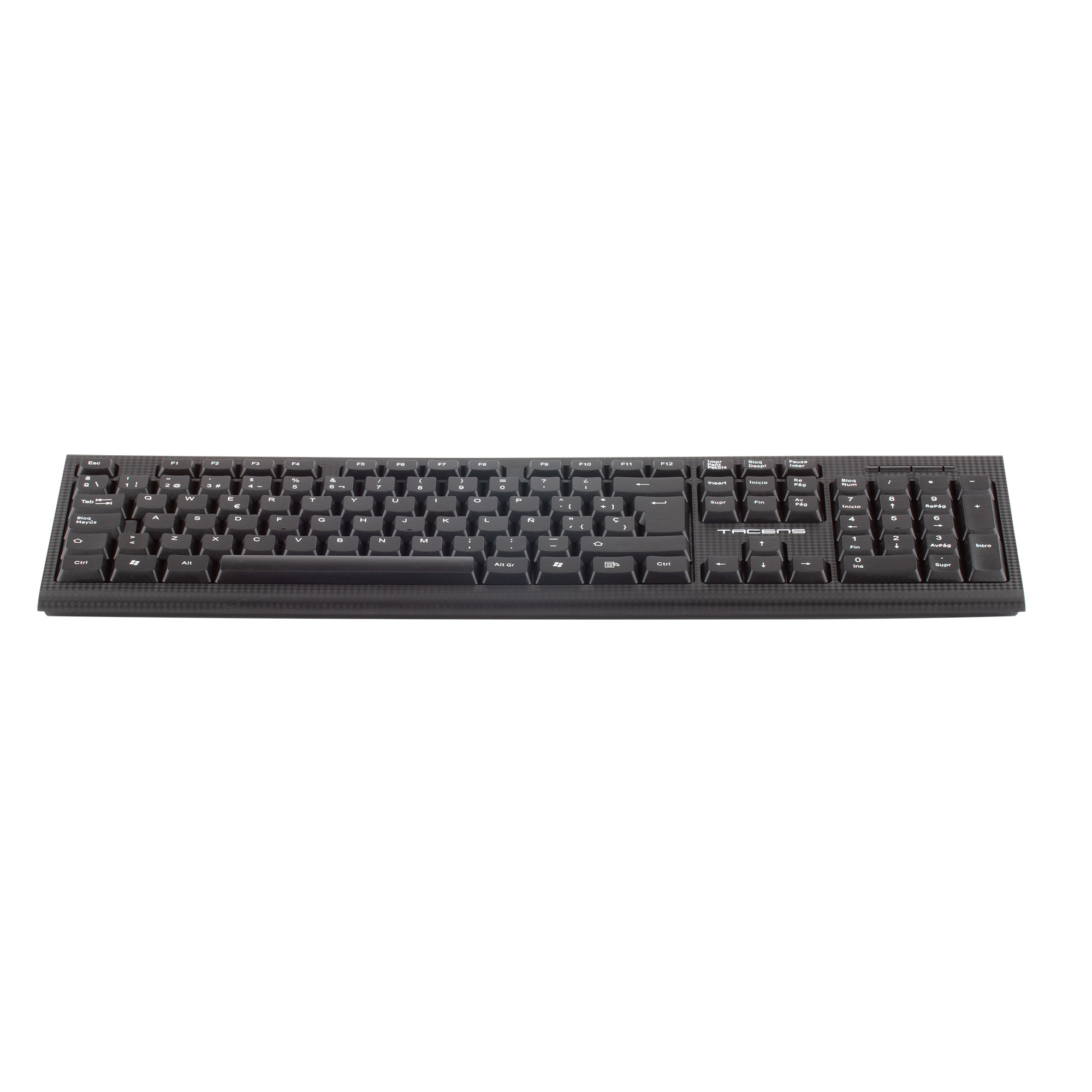 Teclado negro con diseño estándar. Teclas negras con letras blancas.
