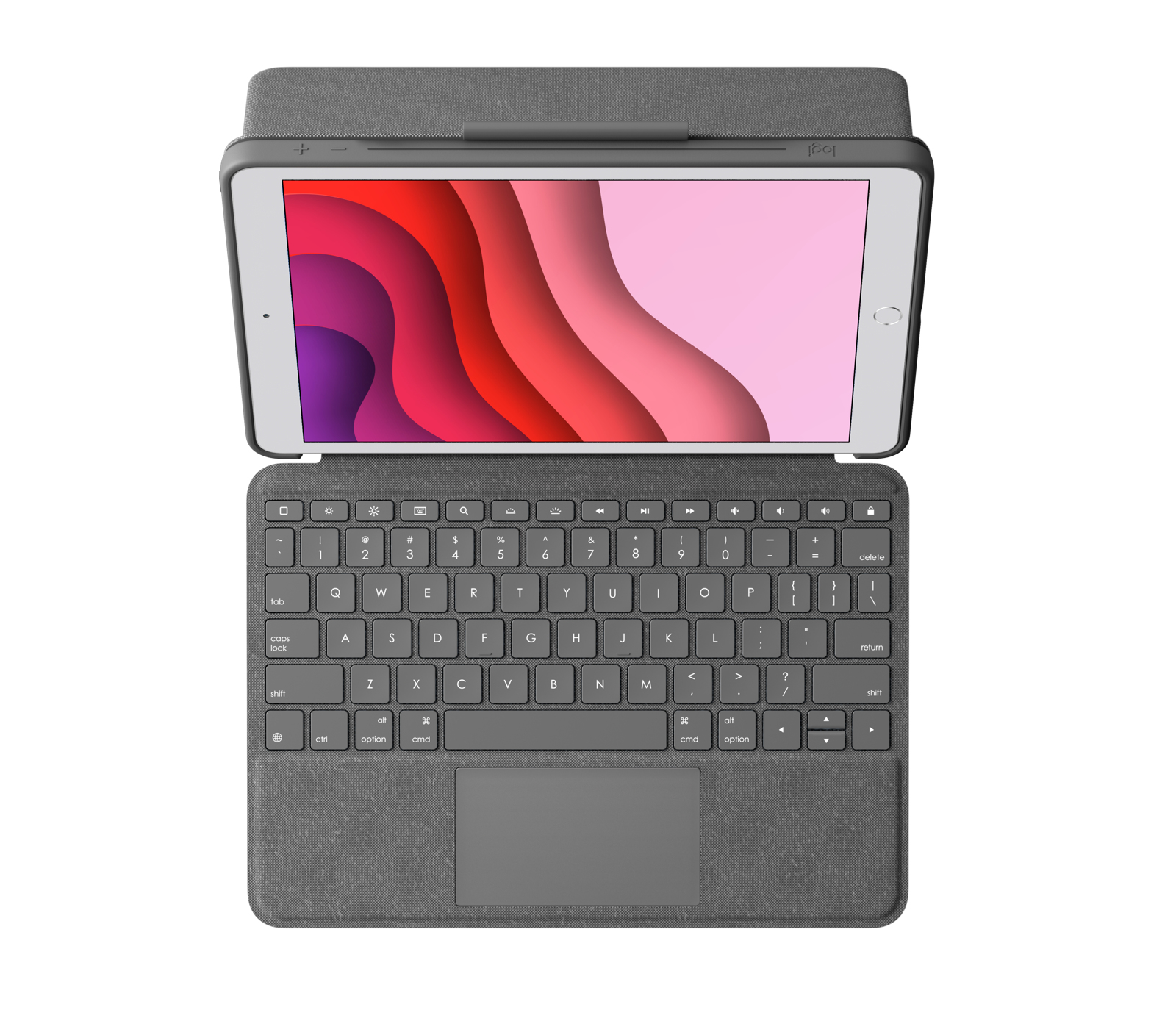 Tablet z etui z klawiaturą. Ekran tabletu wyświetla abstrakcyjne, kolorowe warstwy. Klawiatura jest szara, z touchpadem.