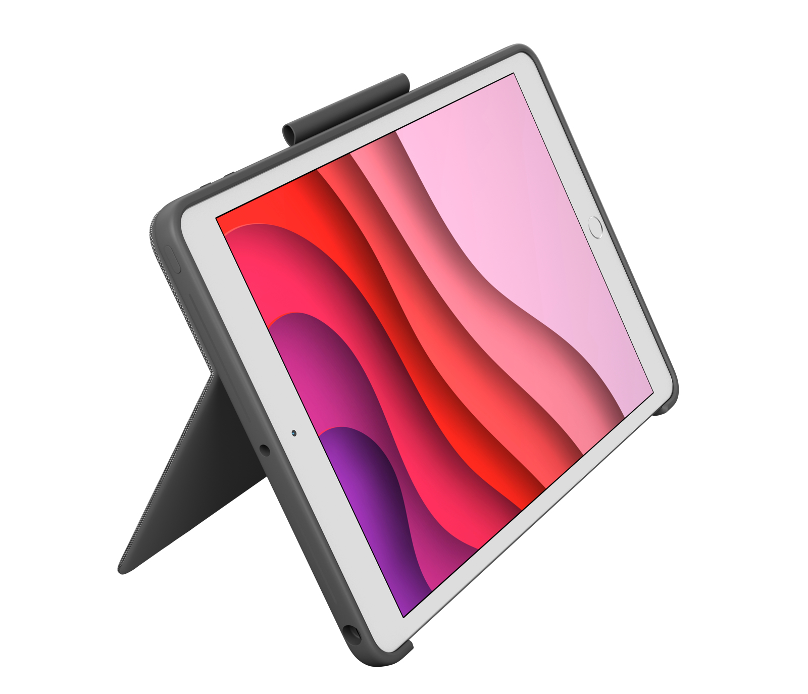 Tablet w szarej obudowie z różowo-czerwonym gradientem na ekranie, na białej powierzchni.