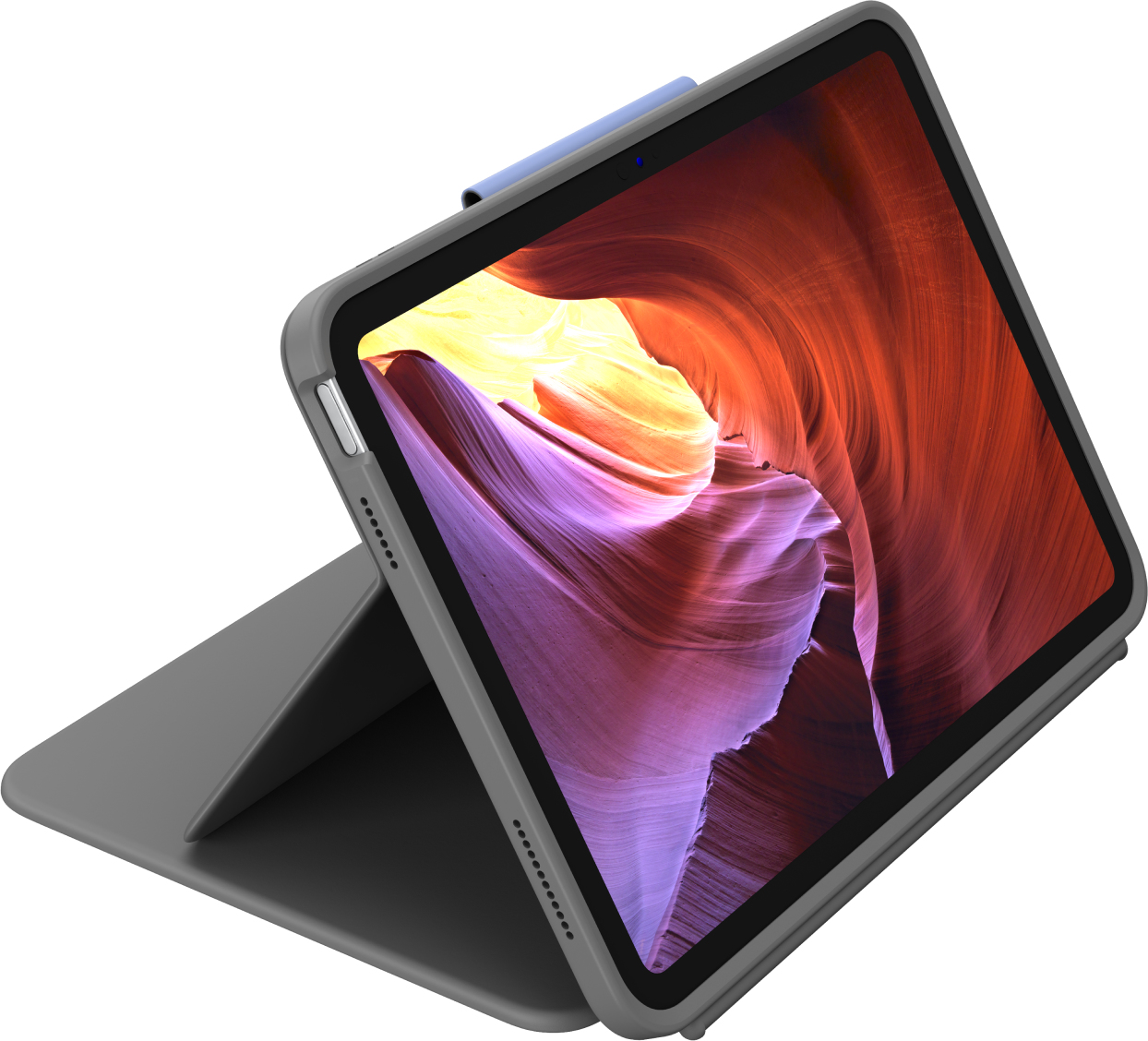 Tablet in een grijze hoes, met een rood-oranje achtergrond op het scherm.
