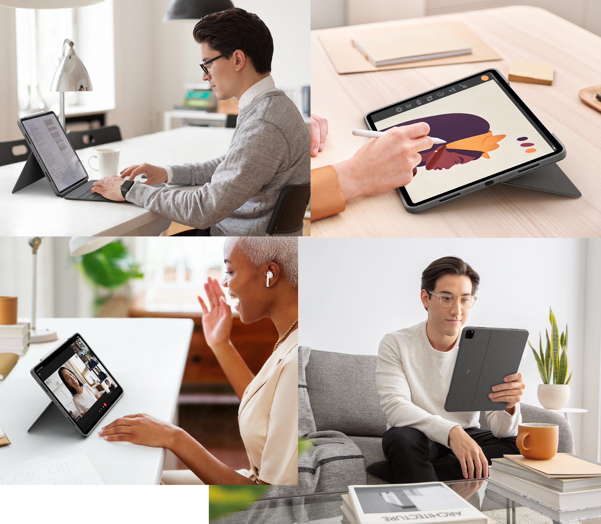 Un collage presenta quattro scatti di persone che utilizzano un tablet e uno stilo con custodie per tastiera.