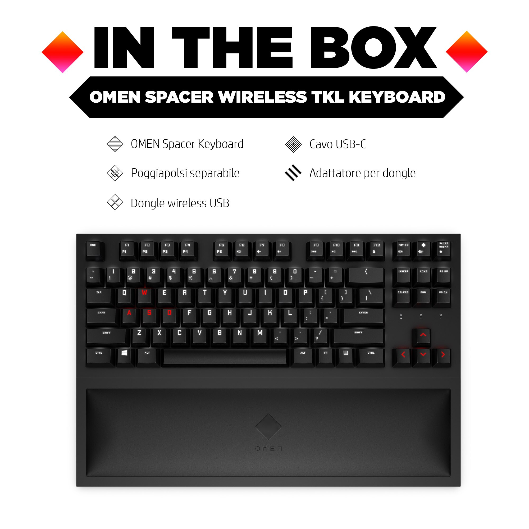 Una tastiera nera con poggiapolsi, cavo USB e dongle wireless in una scatola.