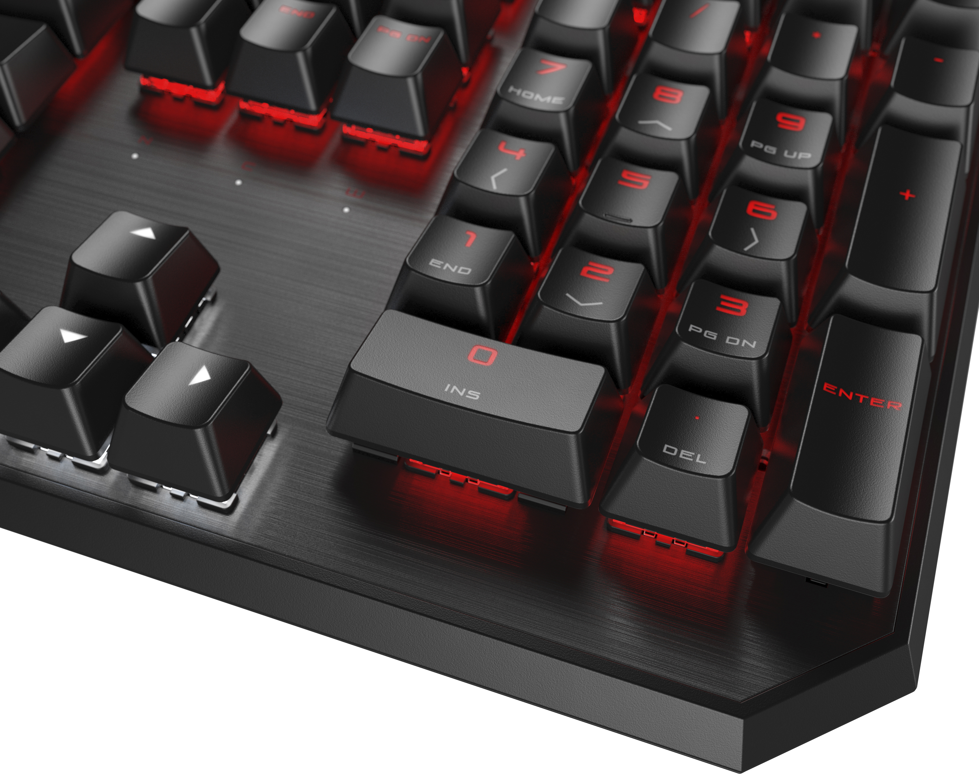Close-up of a gaming keyboard with red illuminated keys, black keys and a black base.