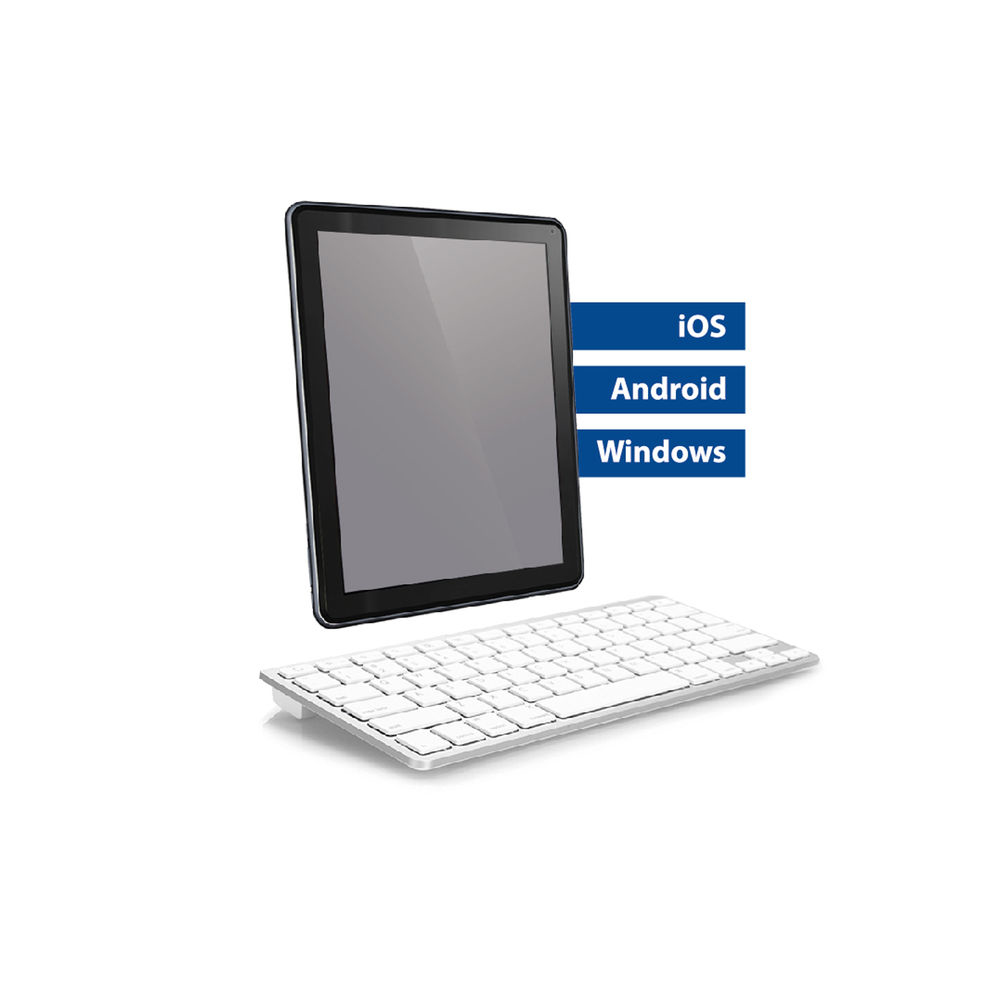 Tablet mit Tastatur, mit iOS-, Android- und Windows-Logos im Hintergrund.