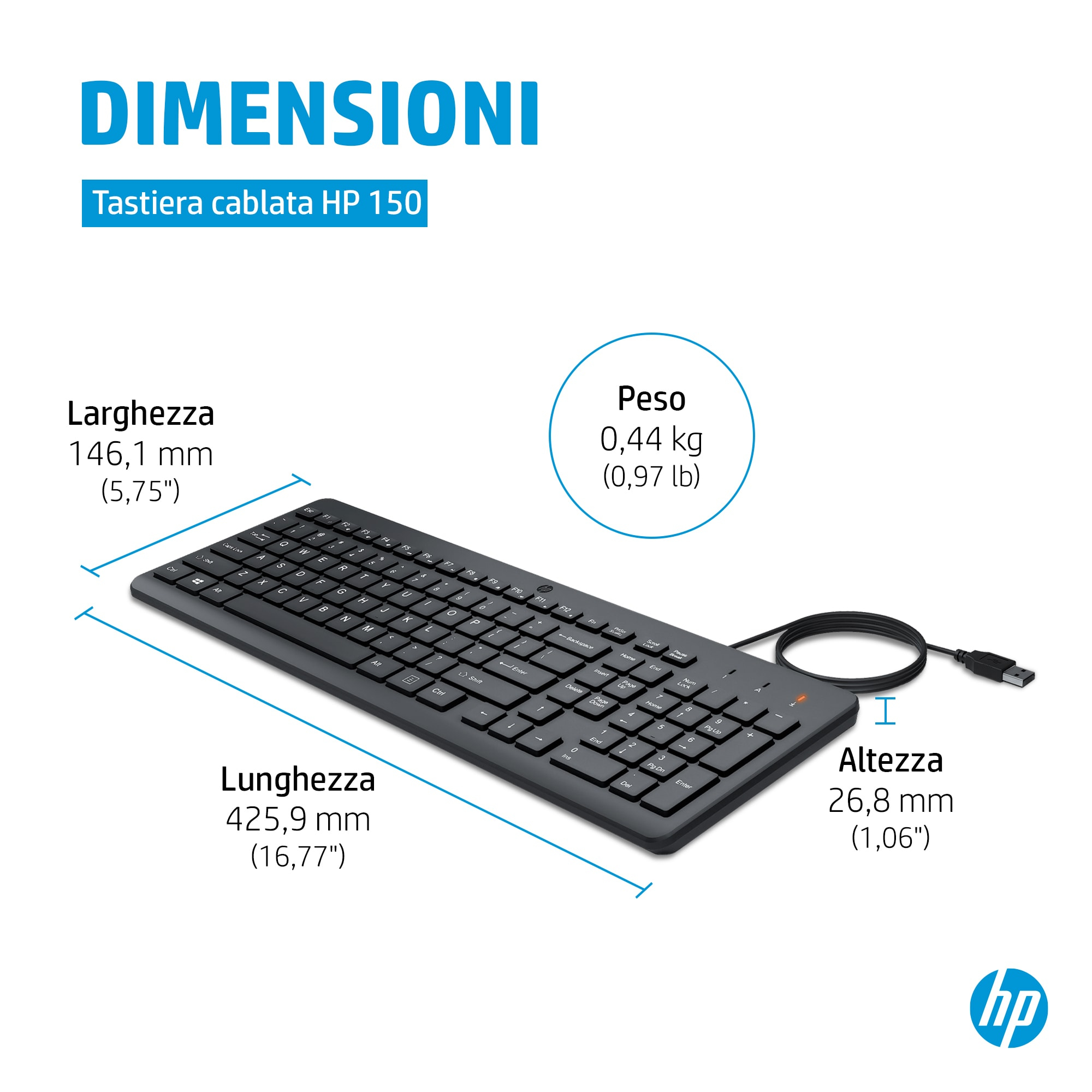 Eine schwarze Tastatur mit weißen Tasten und einem USB-Kabel. Die Abmessungen und das Gewicht stehen oben.