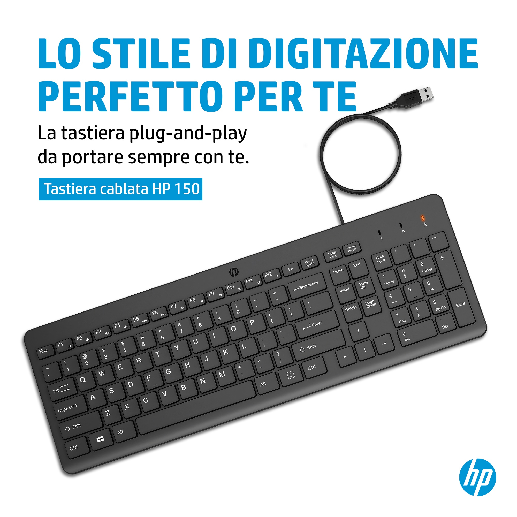 Eine schwarze HP-Tastatur mit USB-Kabel. Text sagt: 'Der perfekte Tippstil für dich.'