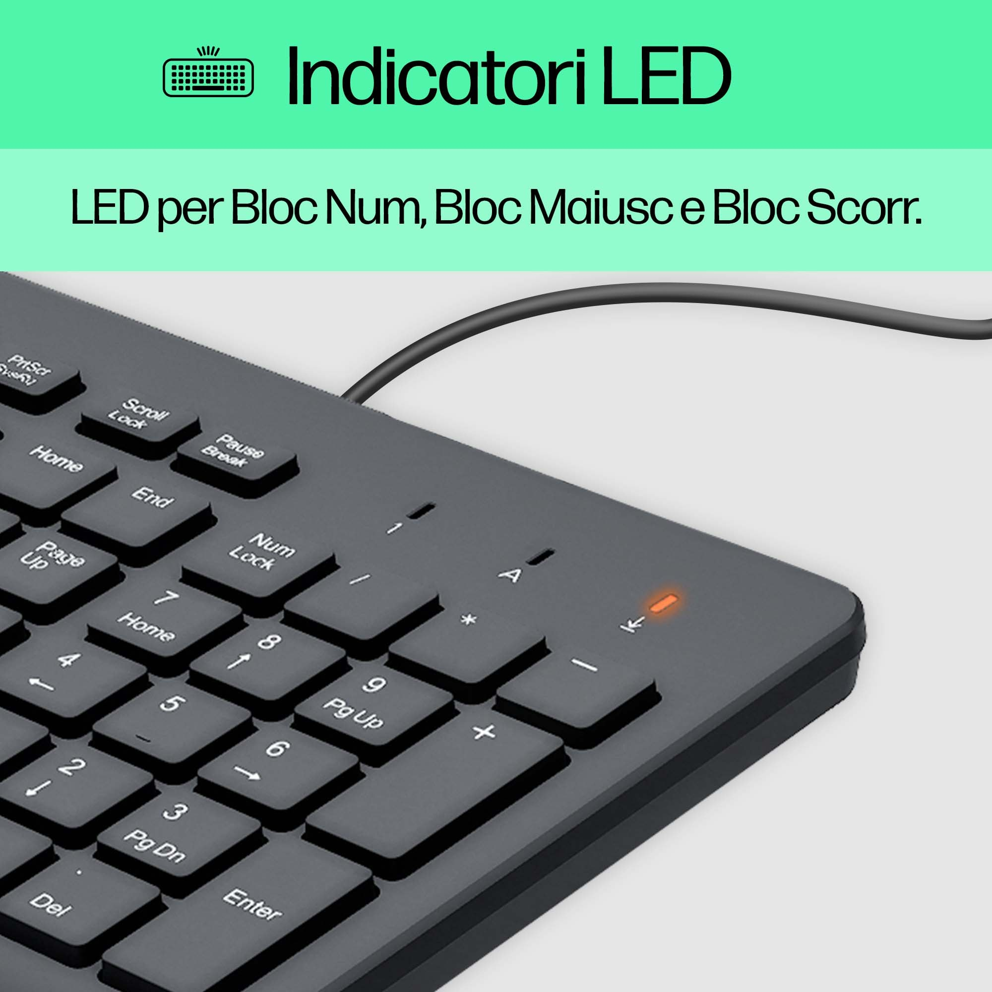 Nahaufnahme einer Tastatur mit beleuchteten Tasten, die Kontrollleuchten für Num Lock, Caps Lock zeigt.