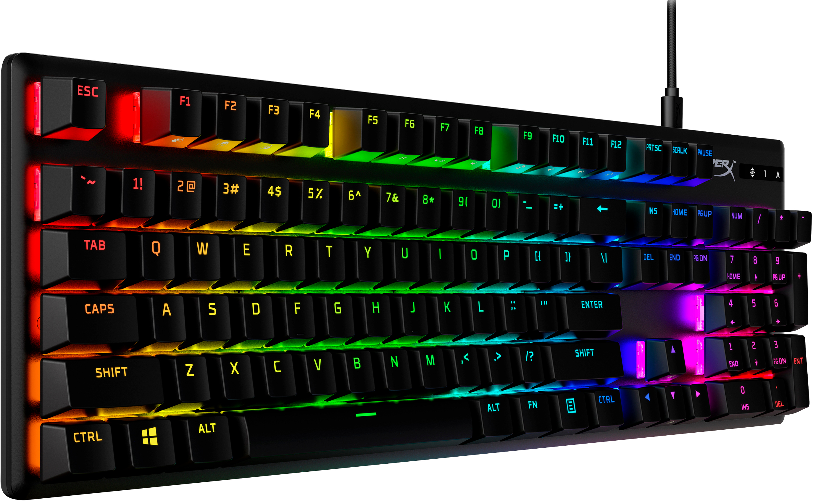Teclado gaming negro con teclas arcoíris y cable.