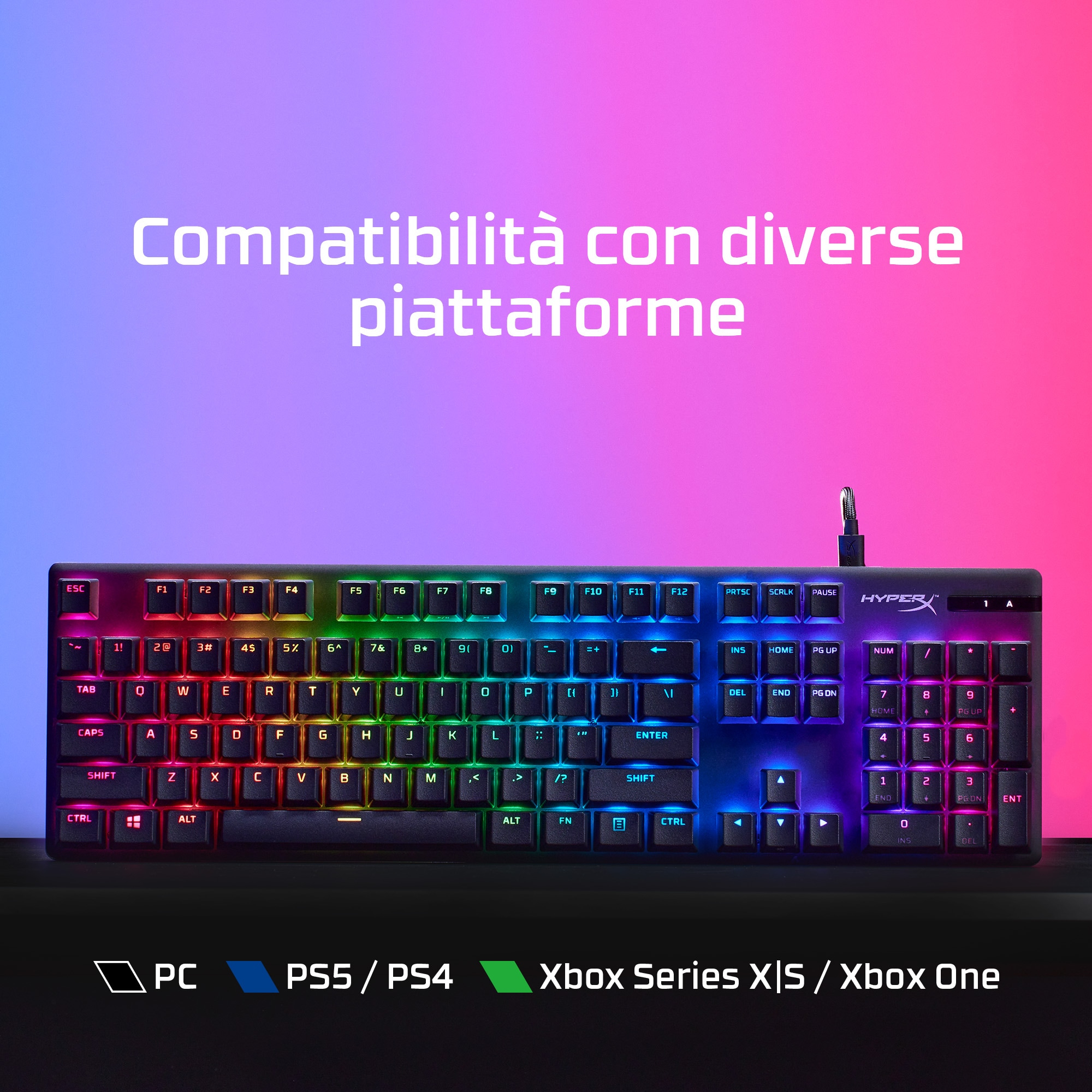 Teclado gaming con iluminación RGB. Compatible con PC, PS5/PS4 y Xbox Series X|S/Xbox One.