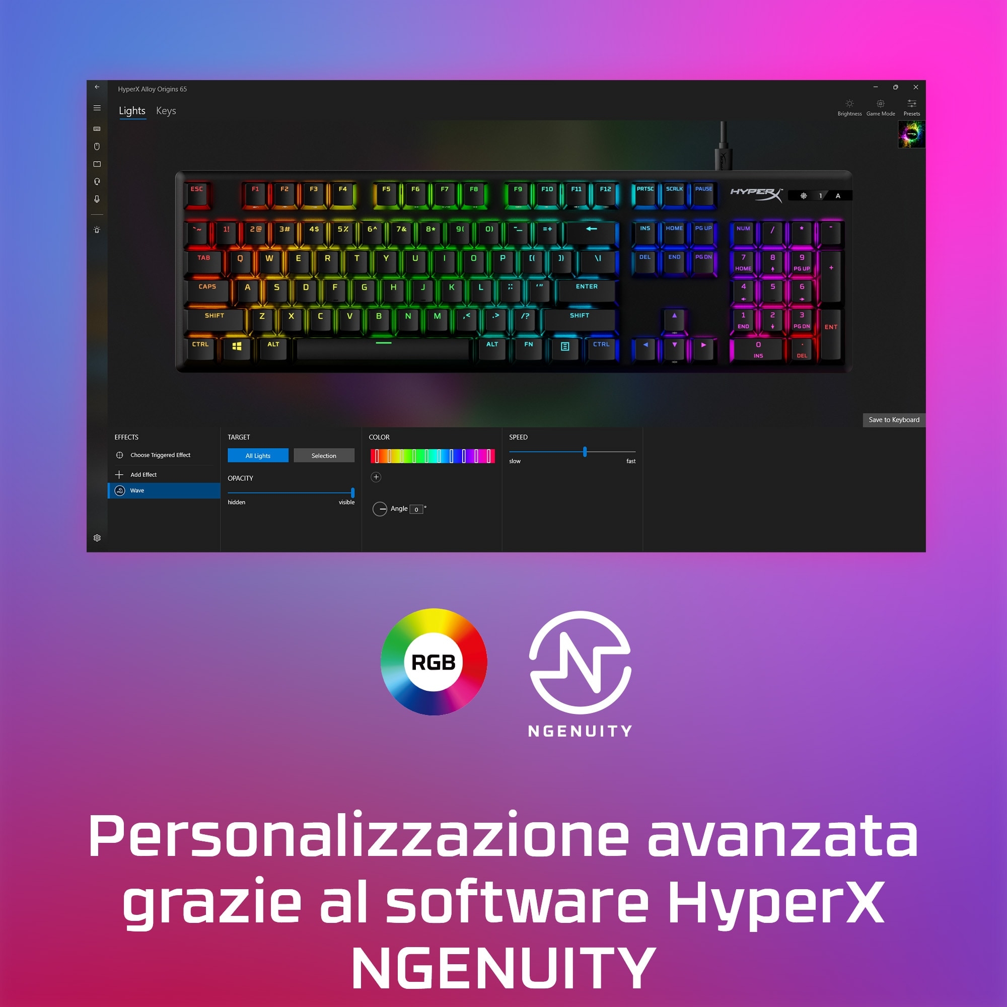 Tastiera con illuminazione RGB, interfaccia software e logo HyperX NGENUITY.