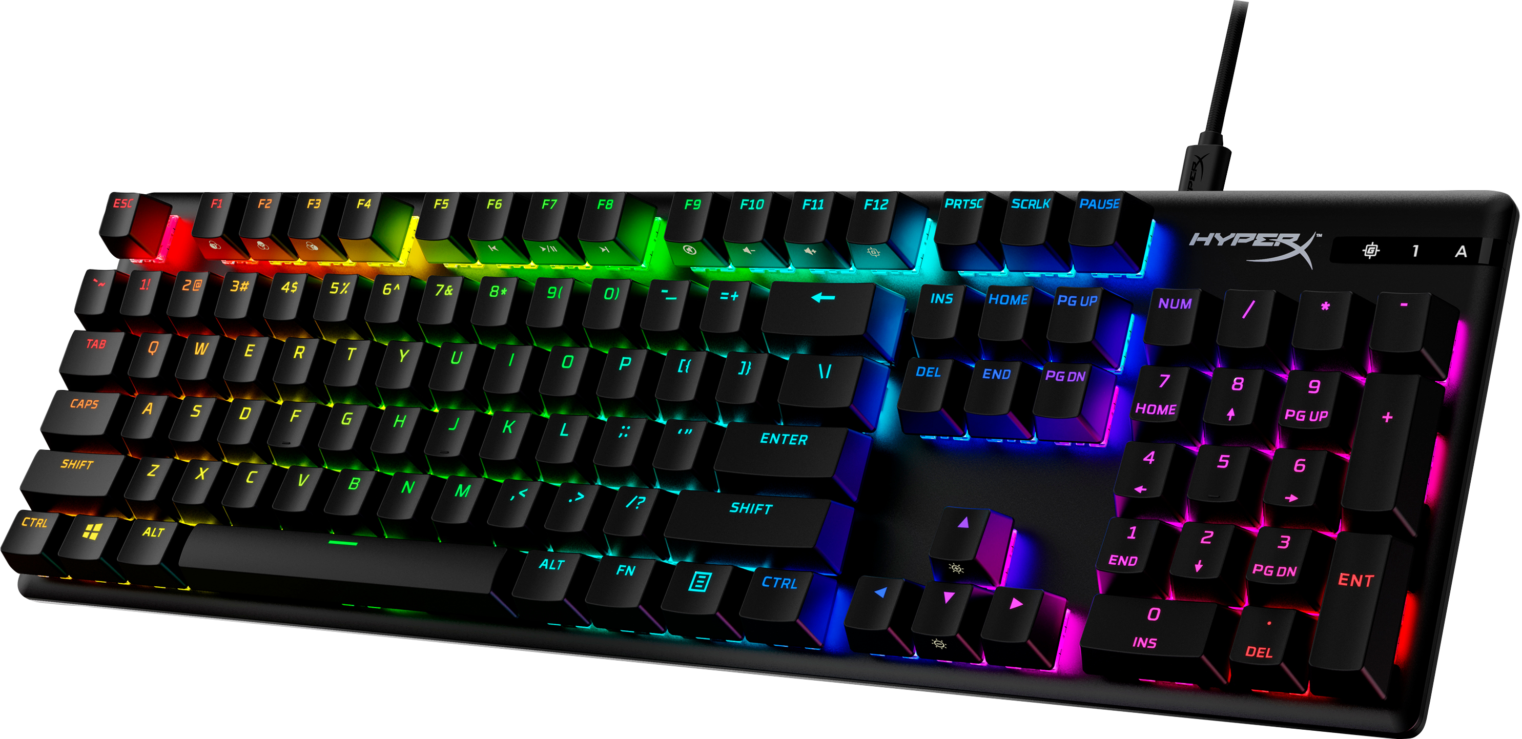 Tastiera HyperX nera con luci colorate. Ha tasti numerici e funzione.