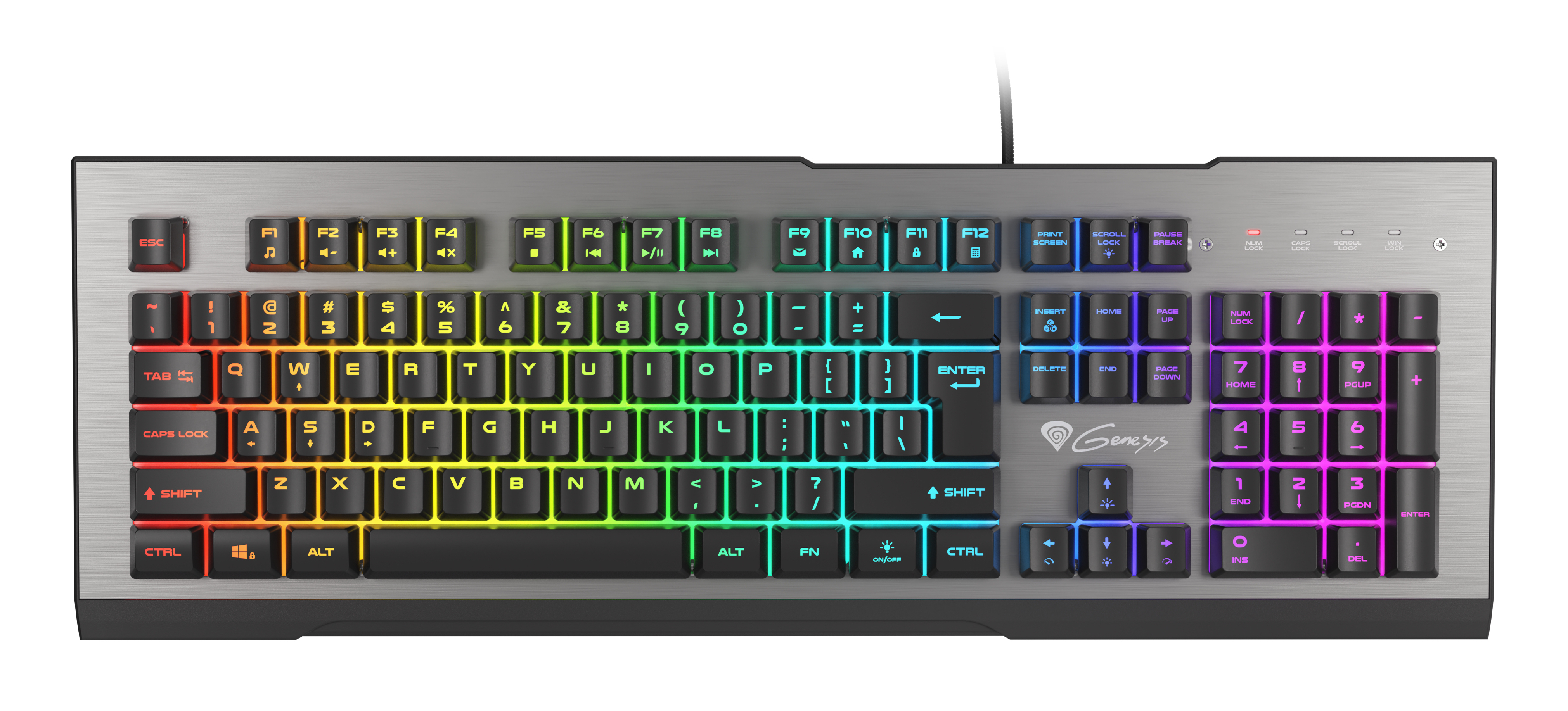 Silberne Tastatur mit Regenbogen-Tasten. Genesis-Logo sichtbar. Weißer Hintergrund.