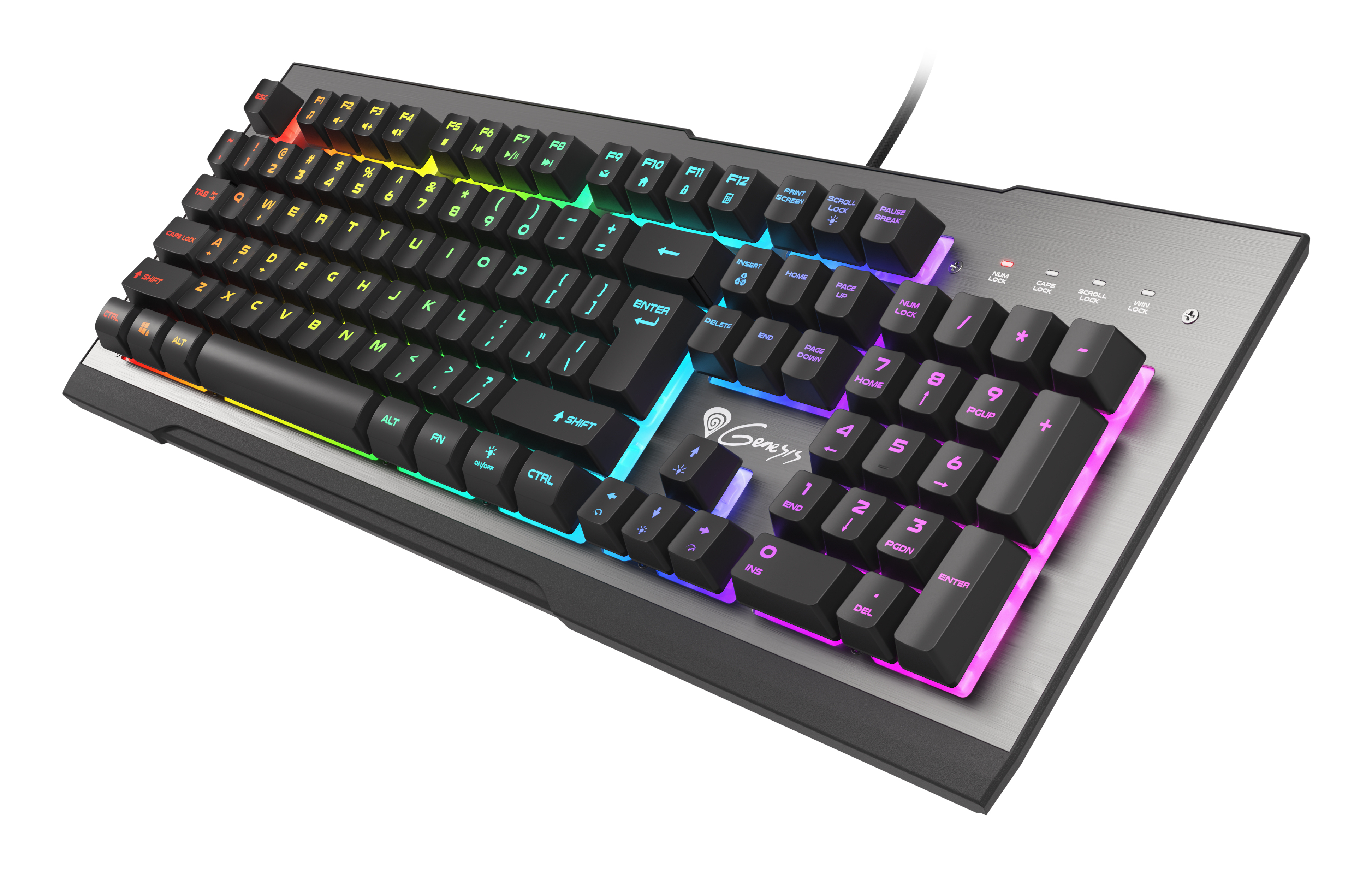 Eine schwarz-graue mechanische Tastatur mit mehrfarbigen Tasten. Die Tasten sind beleuchtet.