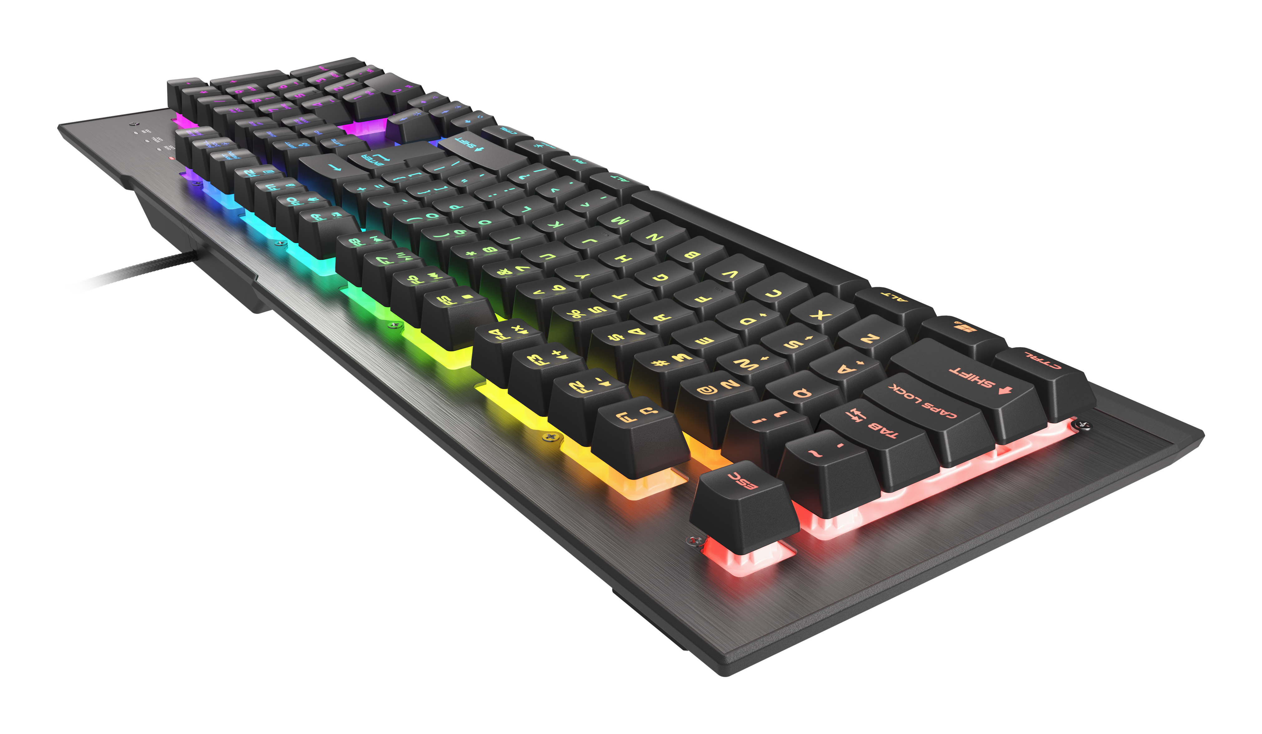 Schwarze mechanische Tastatur mit RGB-Beleuchtung. Die Tasten sind schwarz mit Mehrfarbenlichtern.