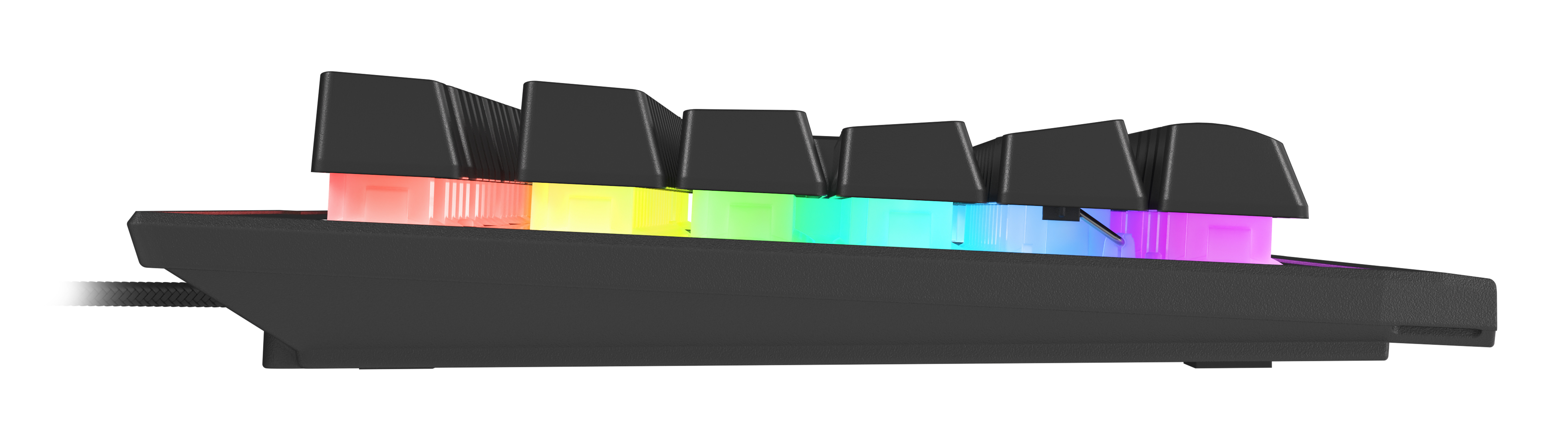 Widok z boku czarnej klawiatury z tęczowym podświetleniem. Klawiatura jest elegancka i nowoczesna.