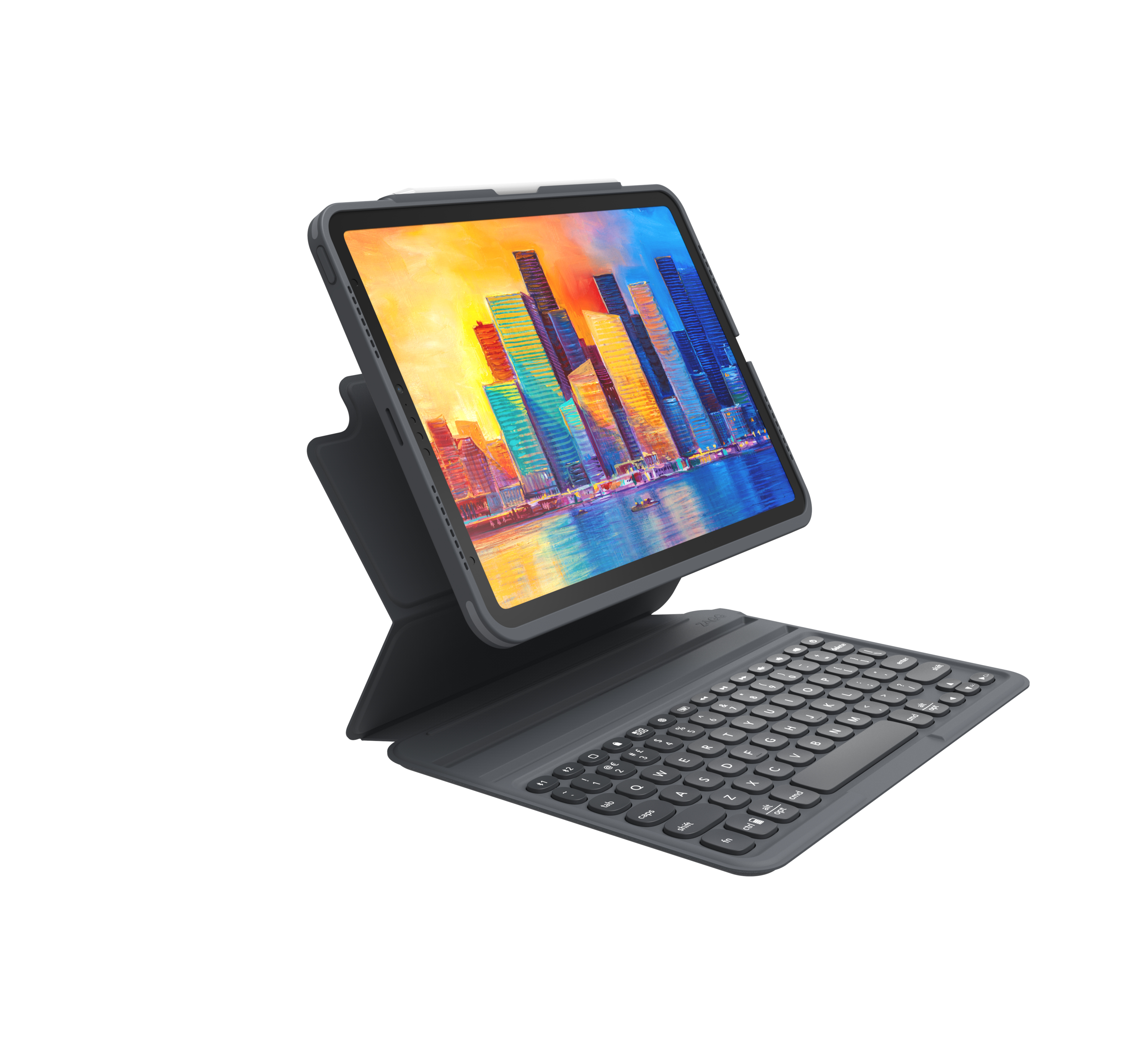 Tablet mit dunkler Hülle und Tastaturhülle. Der Bildschirm zeigt eine Stadtlandschaft.