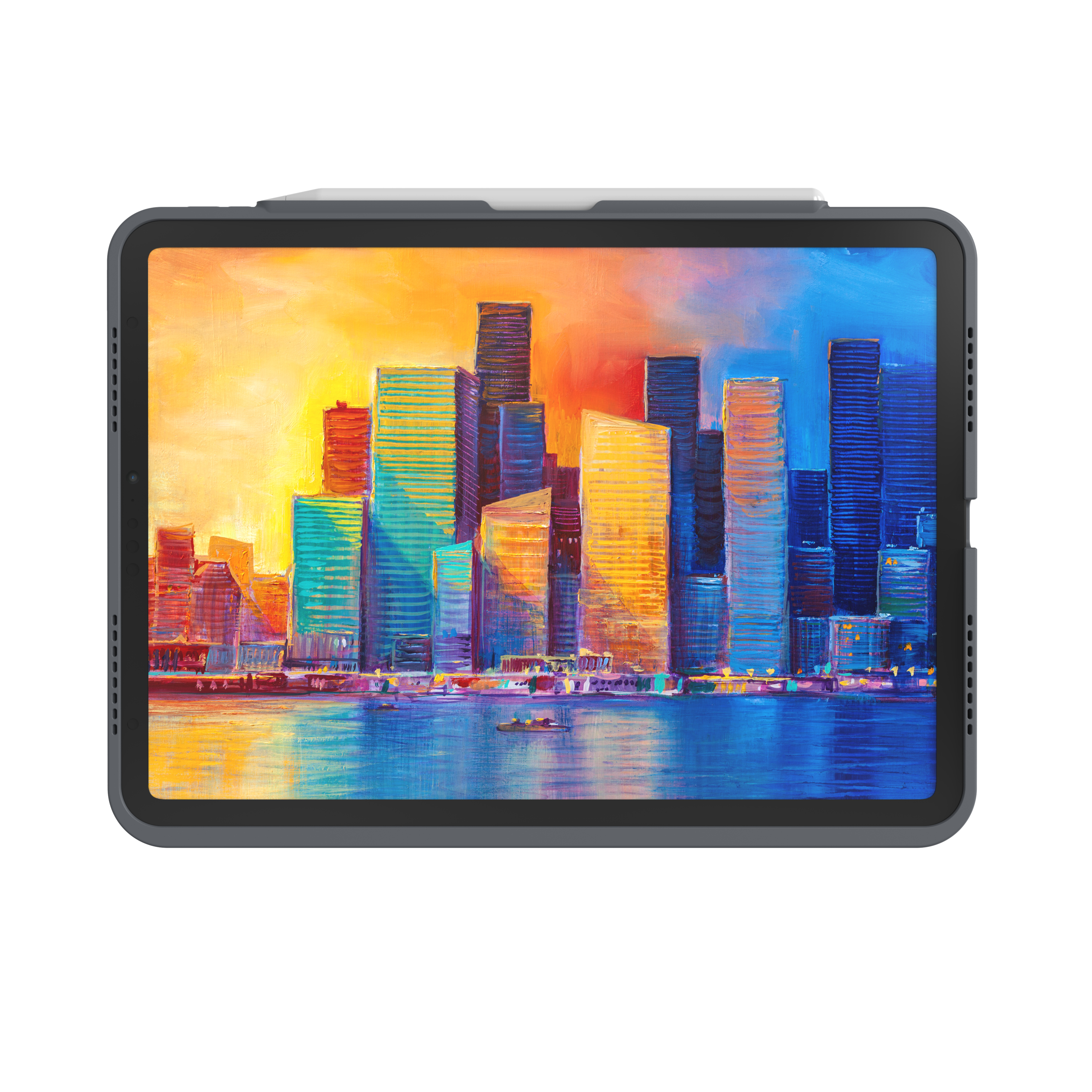 Tablet mit Hülle, zeigt ein Gemälde einer Skyline. Ein Stift liegt oben.