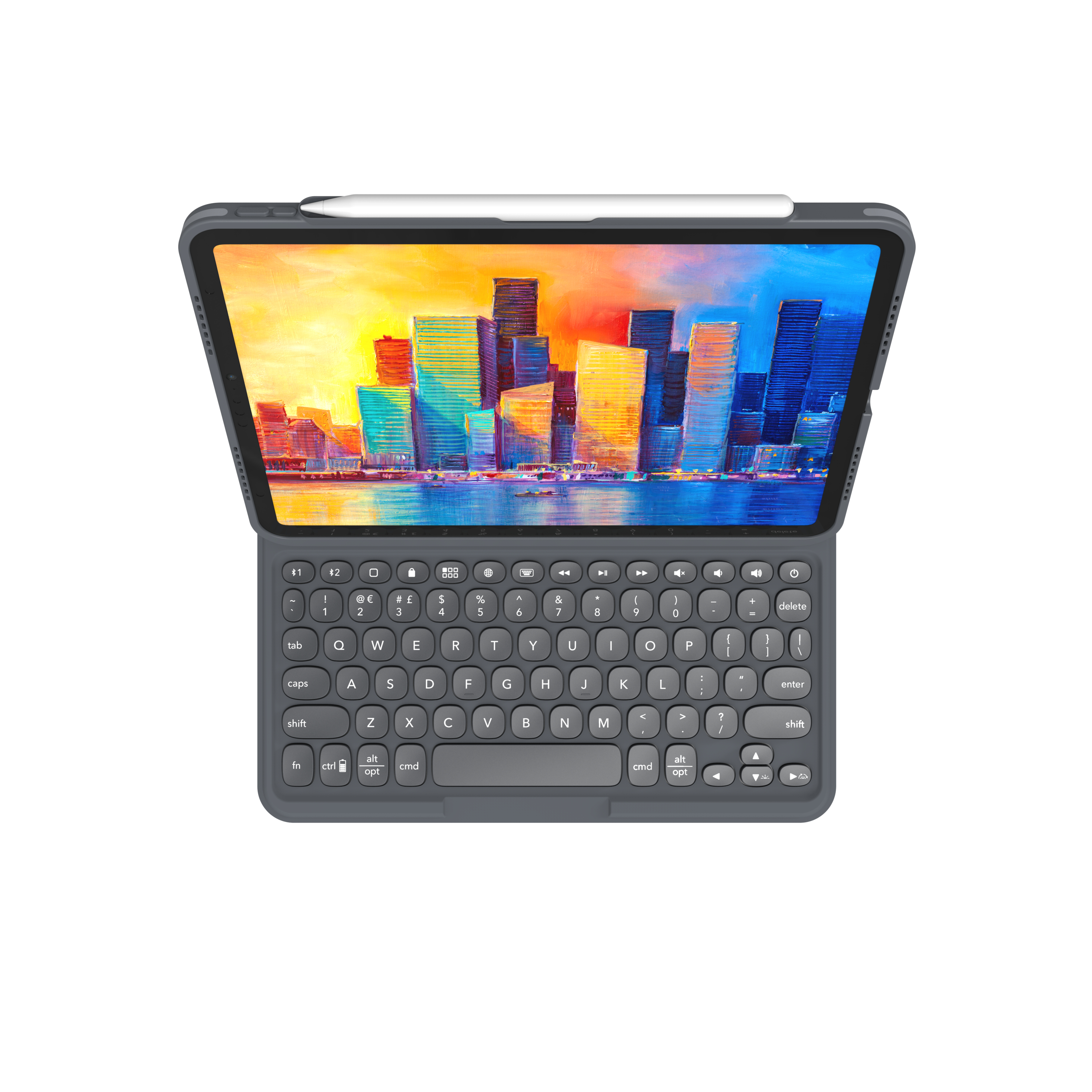 Tablet mit Tastatur, zeigt eine Skyline auf dem Bildschirm. Ein weißer Stift ist befestigt.