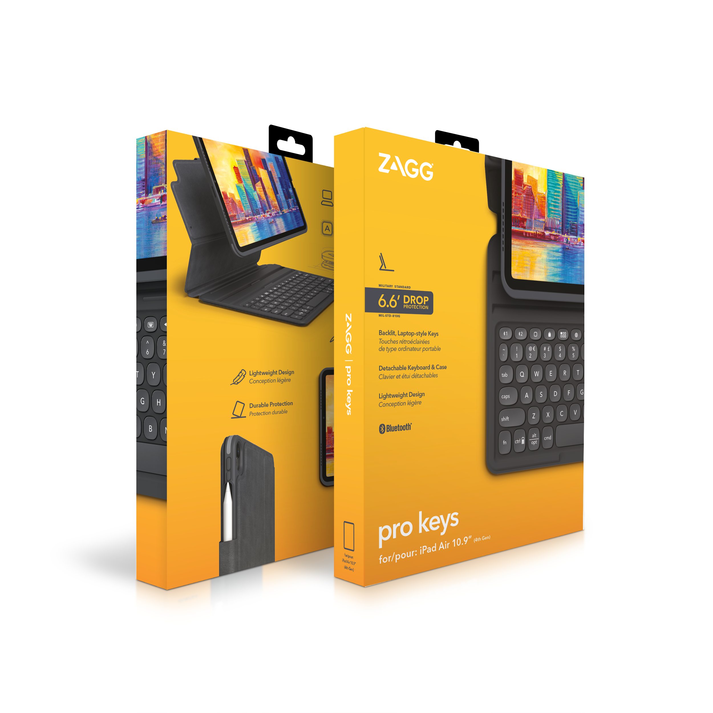 Zwei Kartons ZAGG Pro Keys für iPad Air, mit Text und Bildern.