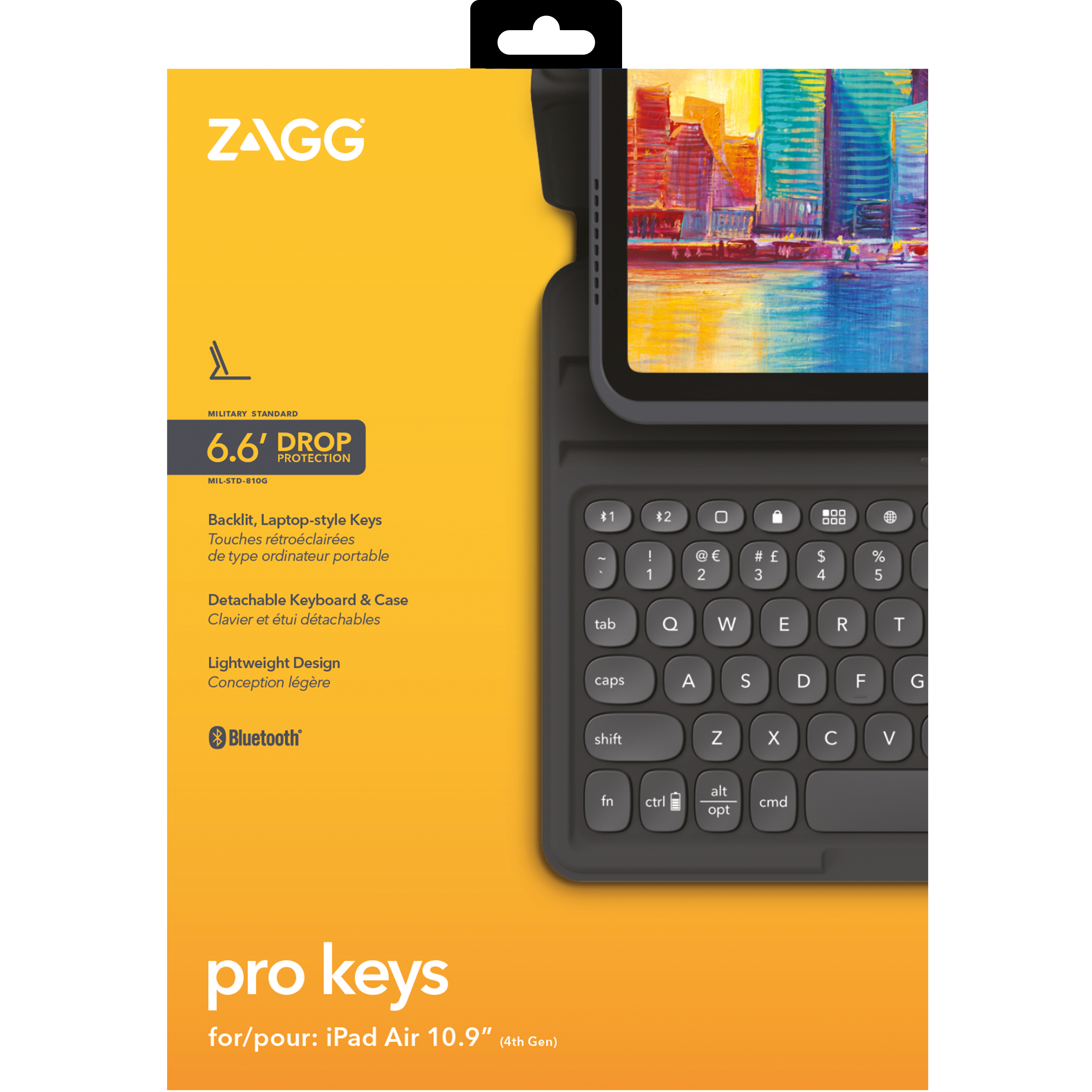 Box für iPad-Tastaturhülle. Sie zeigt eine Tastatur und ein farbenfrohes Stadtbild.