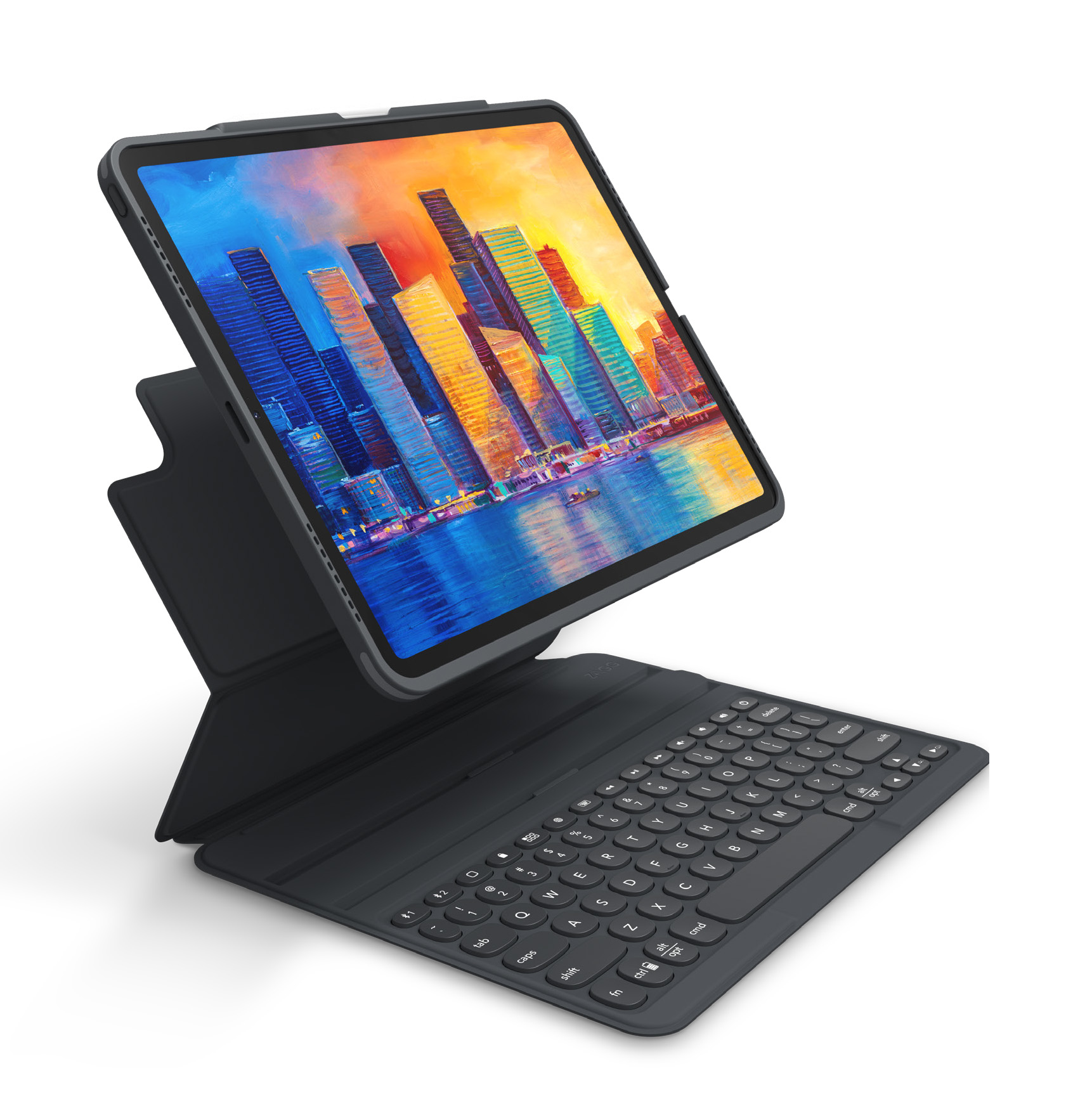 Tablet con custodia tastiera, schermo che mostra dipinto di città. Custodia e tastiera neri.