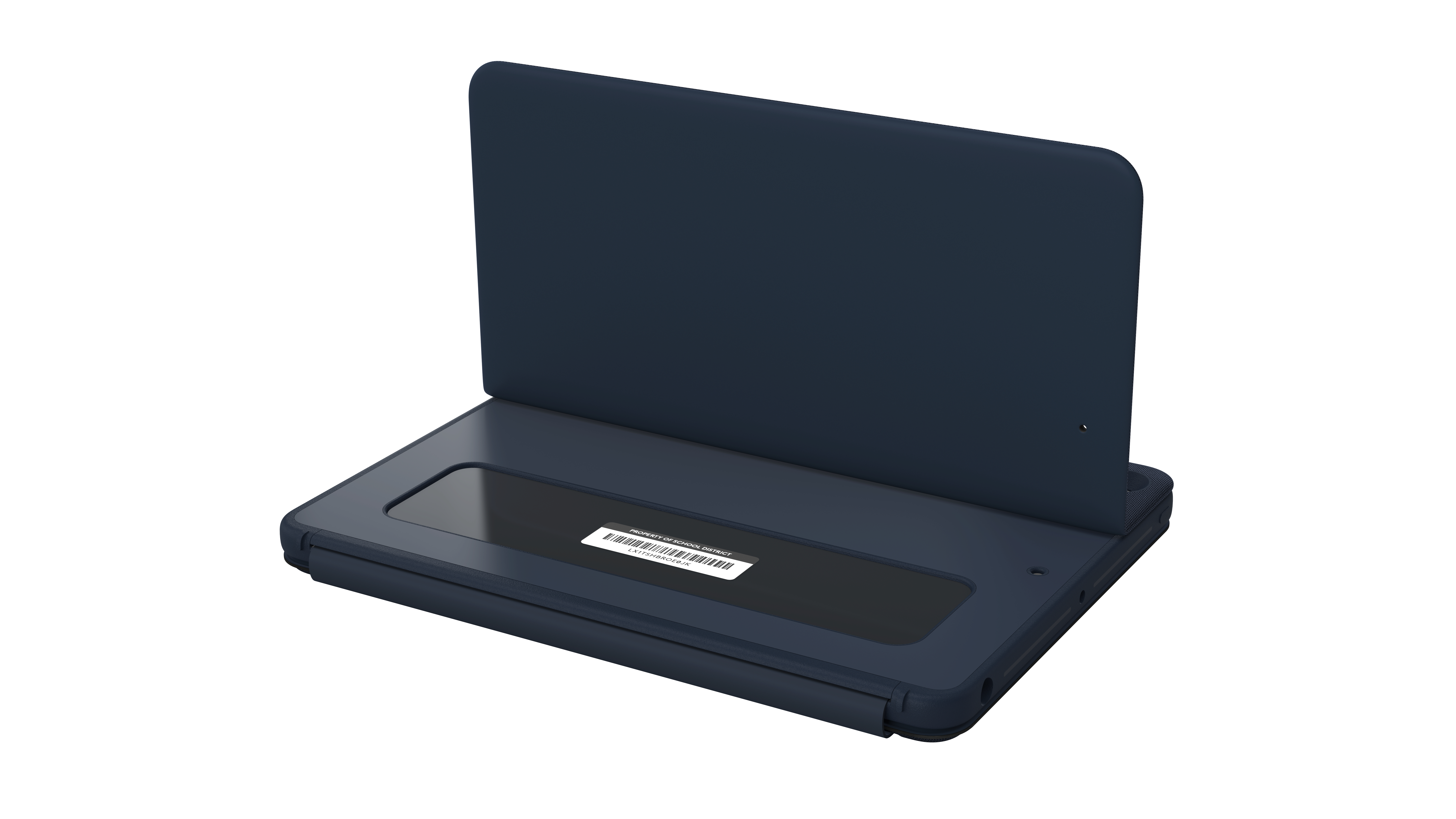 Un laptop blu piegato con uno schermo scuro su sfondo bianco. La parte posteriore è aperta.