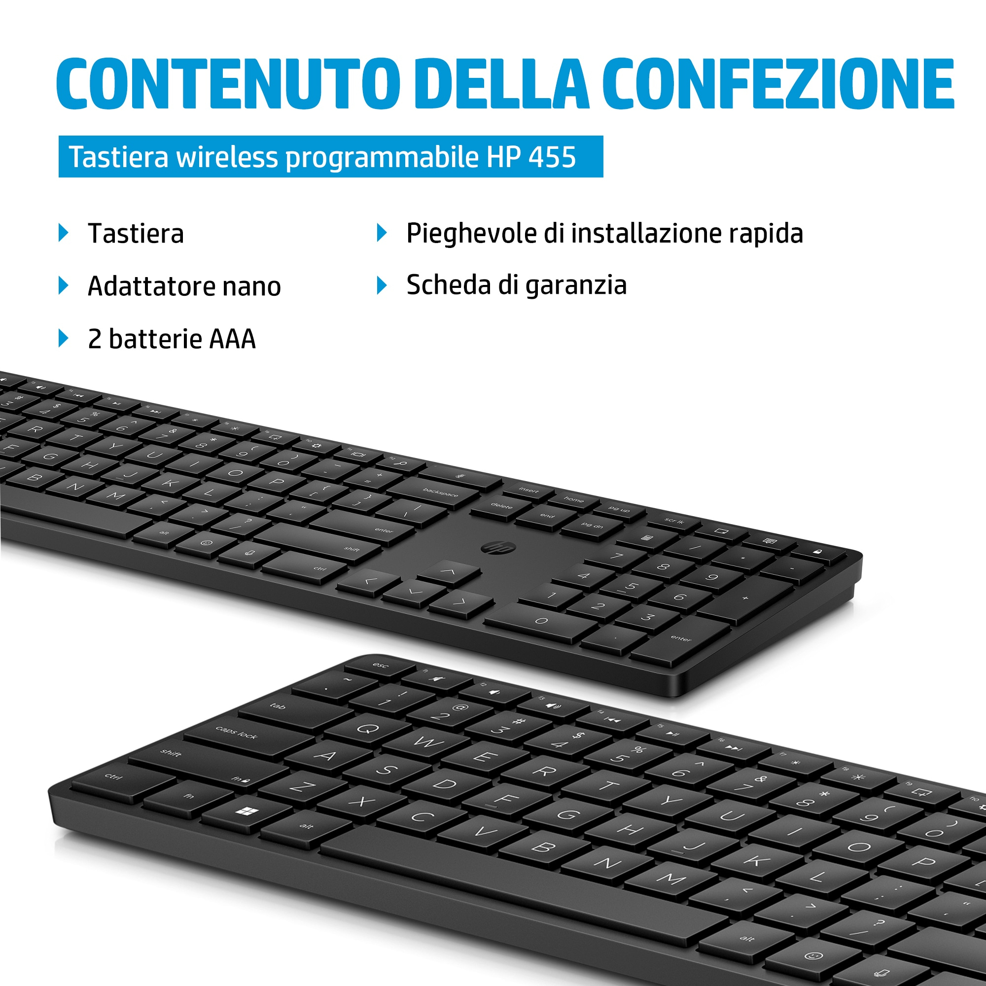 Dwie czarne klawiatury i lista przedmiotów: klawiatura, adapter nano, 2 baterie AAA, instrukcja szybkiej instalacji i karta gwarancyjna.