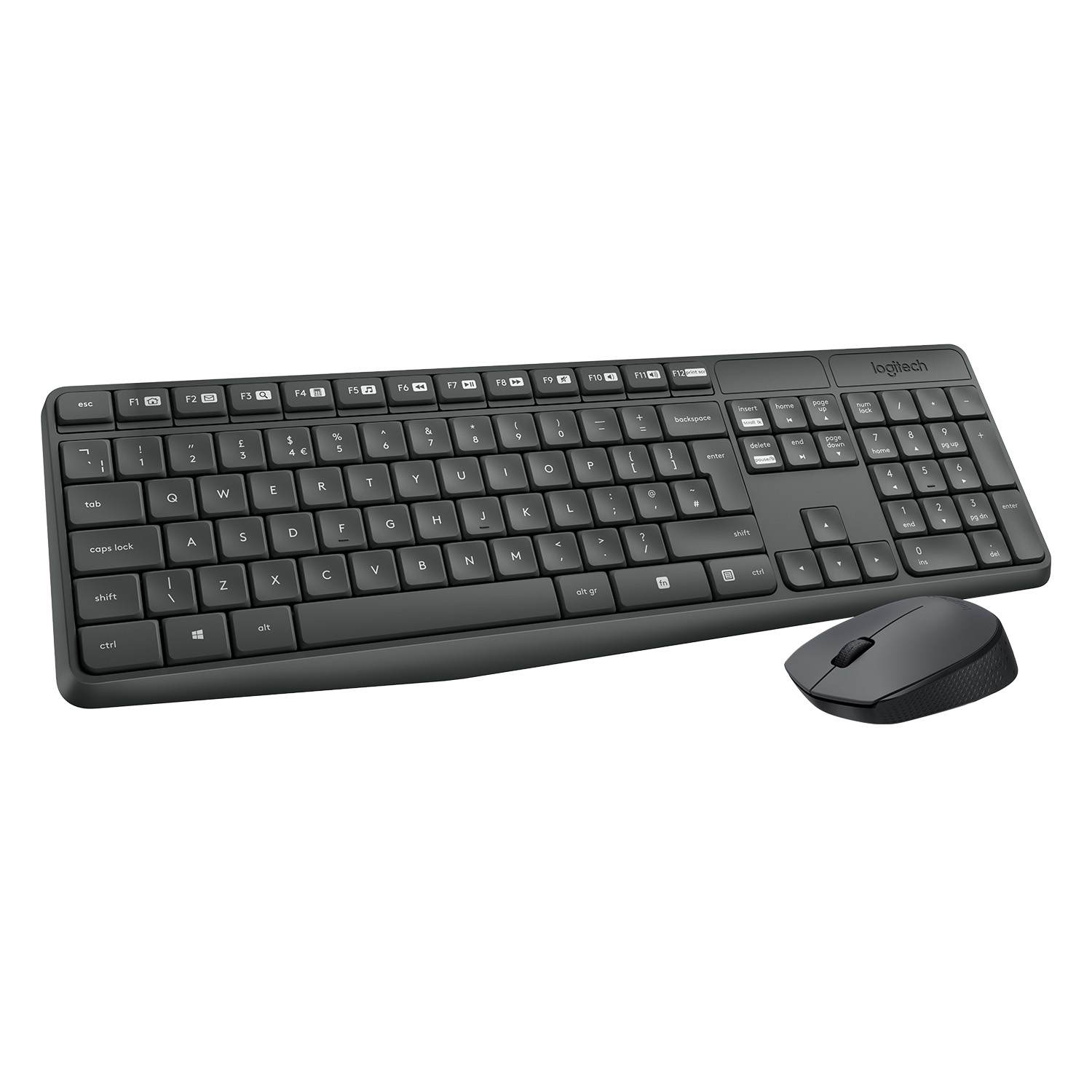 Combo tastiera e mouse neri su sfondo bianco. La tastiera ha tasti.