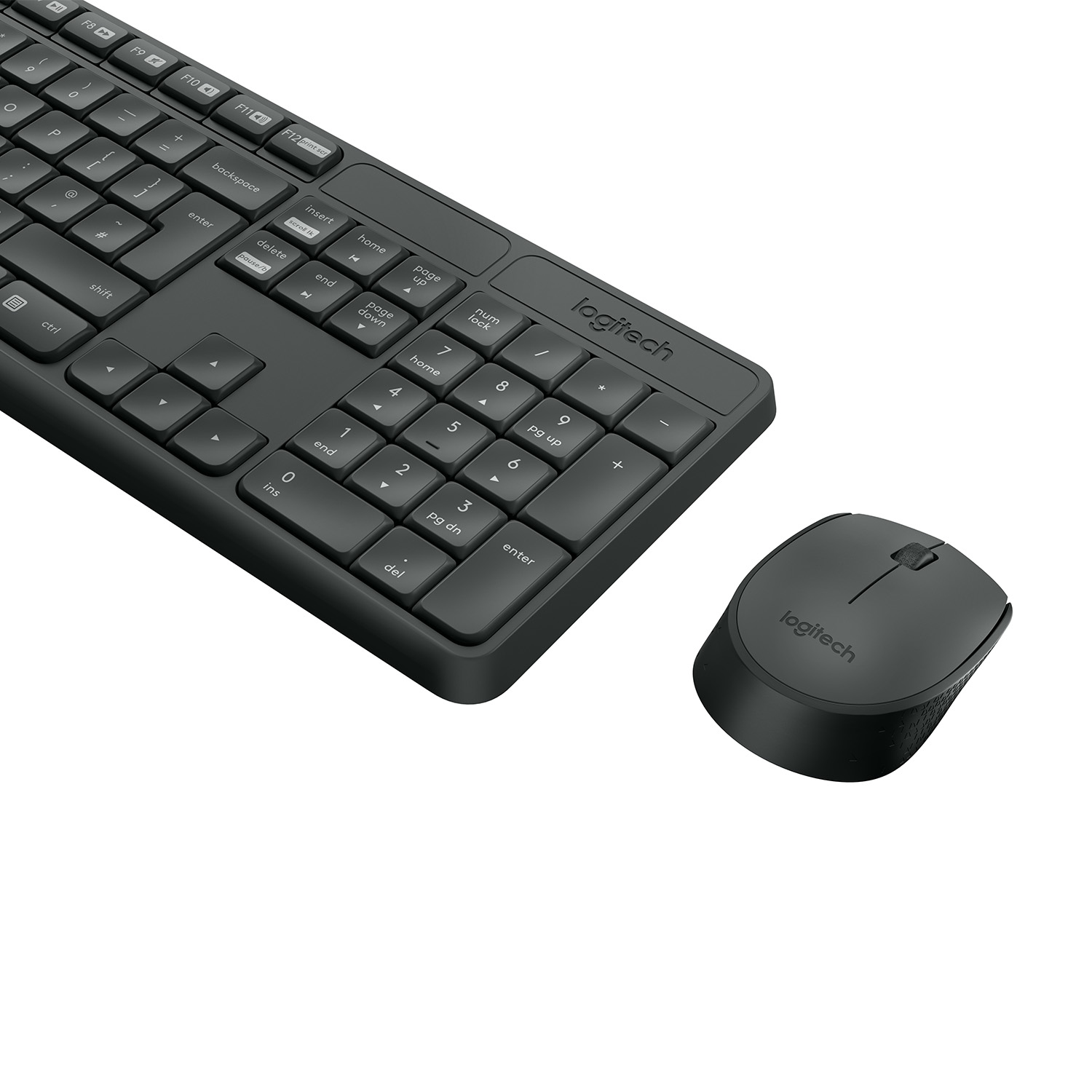 Primo piano di tastiera nera con un mouse, su sfondo bianco.