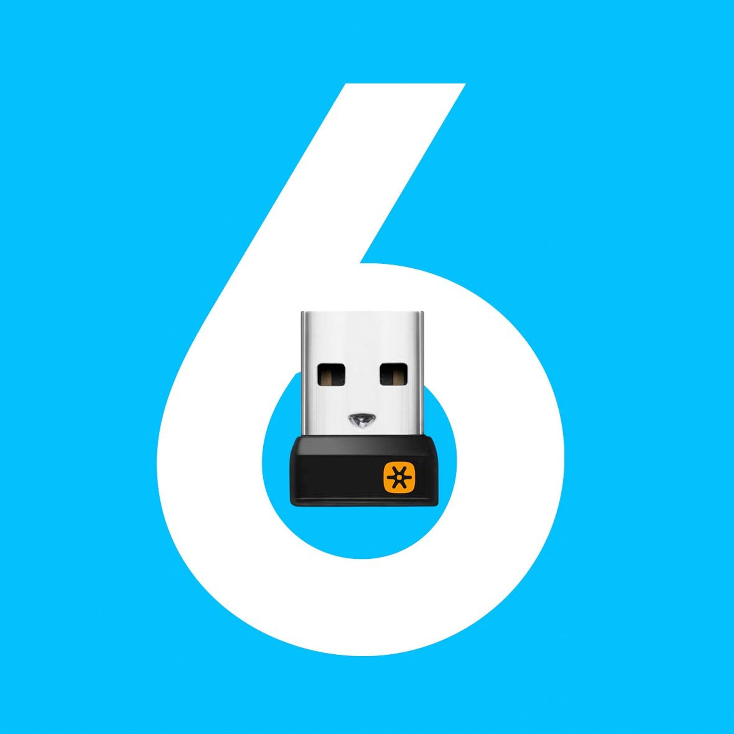 Dysk USB z liczbą 6 tworzącą ramkę na niebieskim tle.