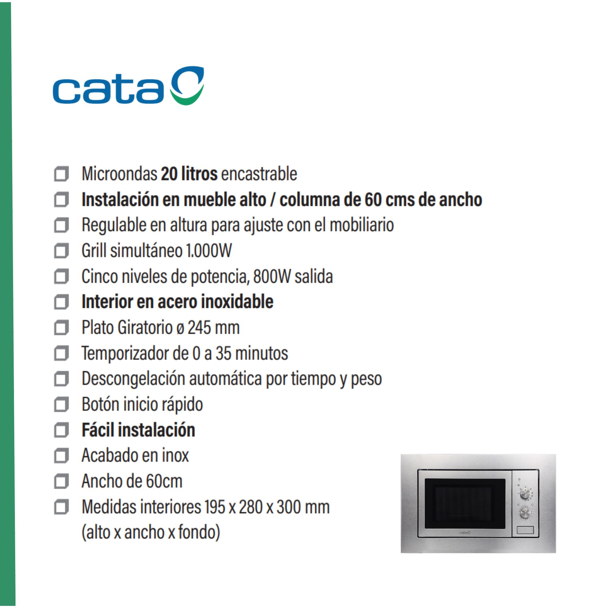 Biała kuchenka mikrofalowa z tekstem wymieniającym cechy i specyfikacje.