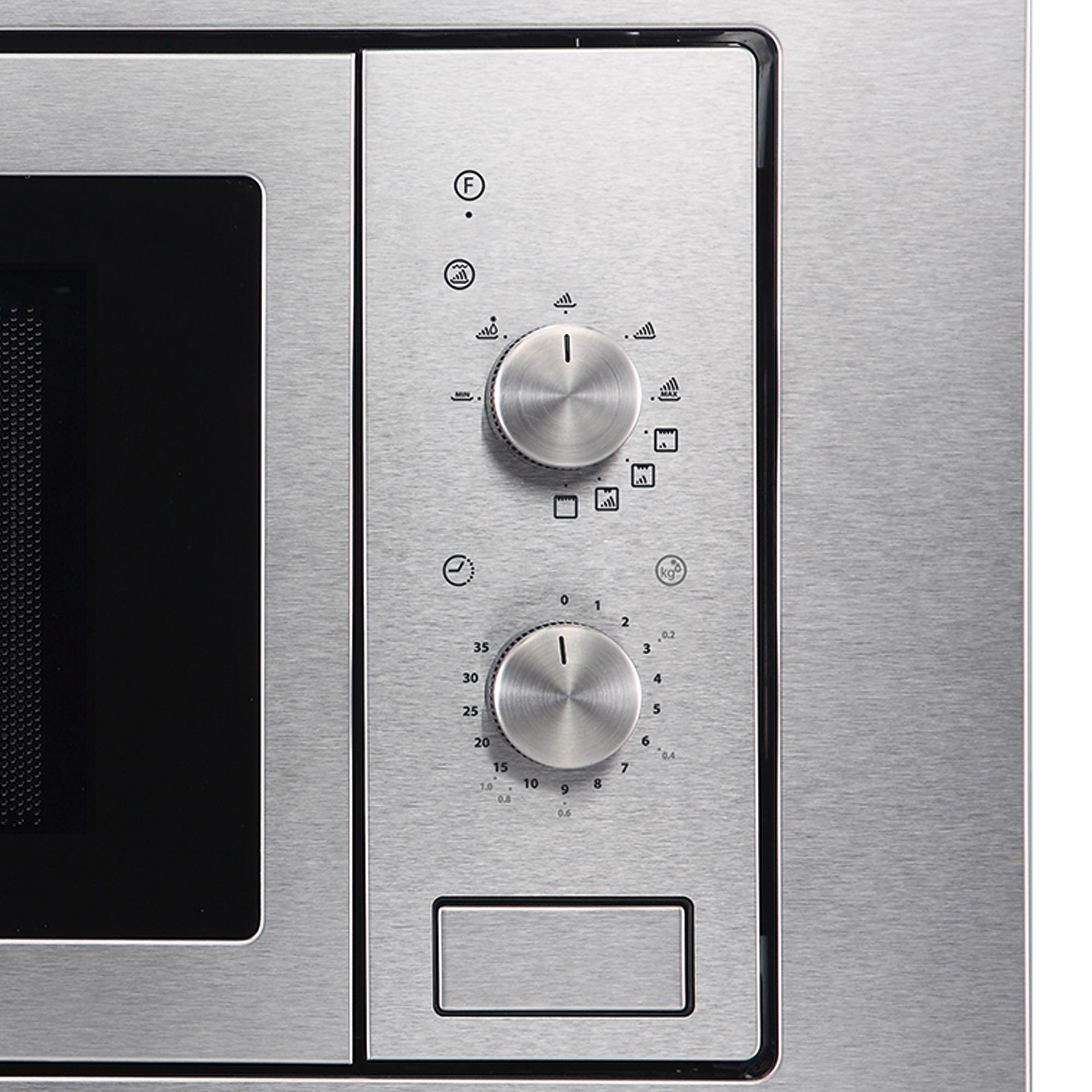 Panel sterowania kuchenki mikrofalowej ze stali nierdzewnej. Posiada pokrętła i przyciski.