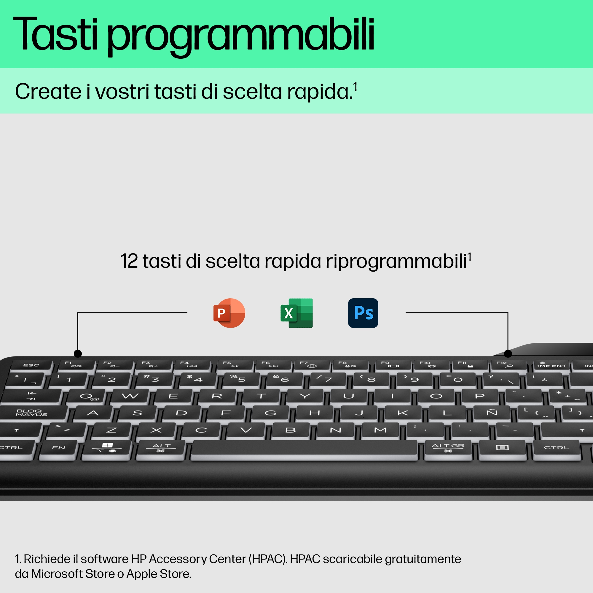Tastiera nera con tasti a selezione rapida. Il testo dice 'Tasti programmabili' e mostra 12 tasti programmabili.