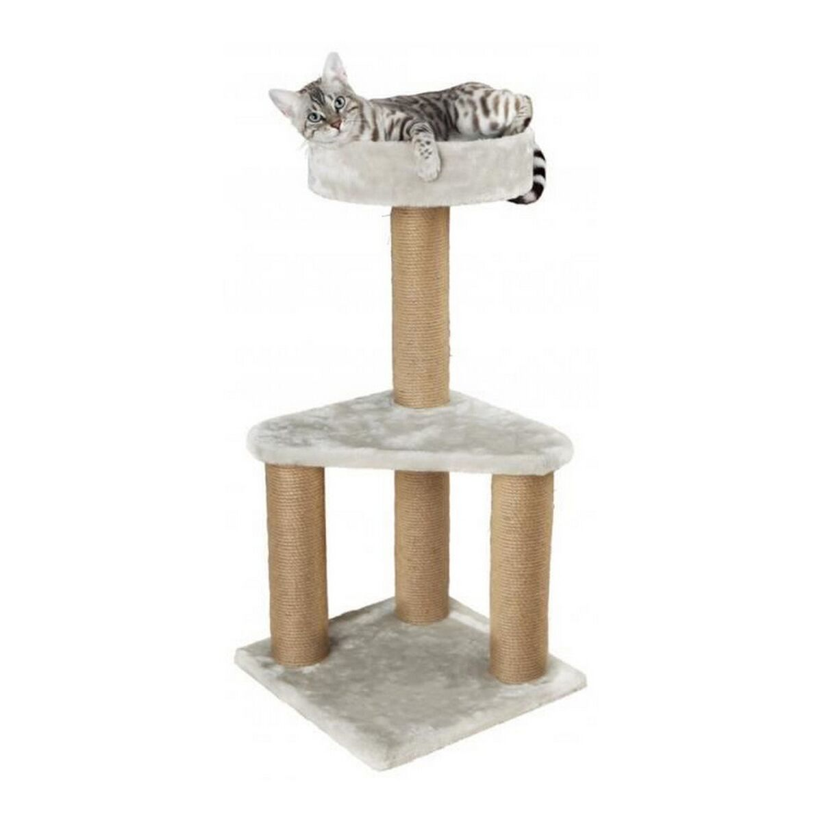 Katzenbaum mit einer Katze oben drauf. Beige Farbe mit braunen Pfosten.