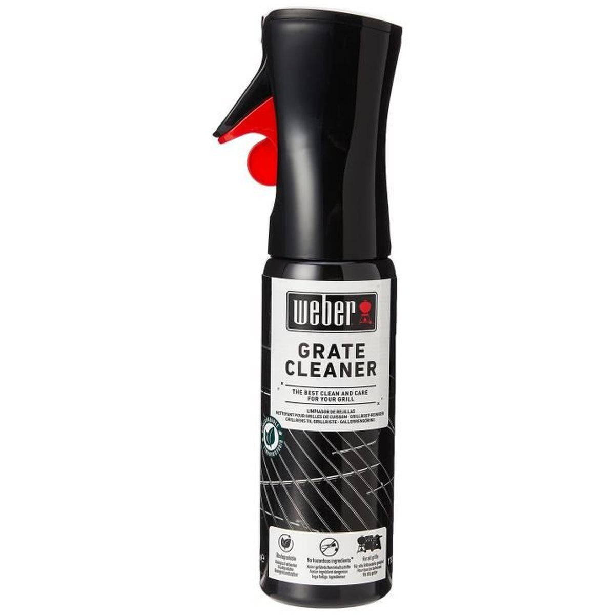 Botella rociadora negra con gatillo rojo. Limpiador de parrillas Weber.