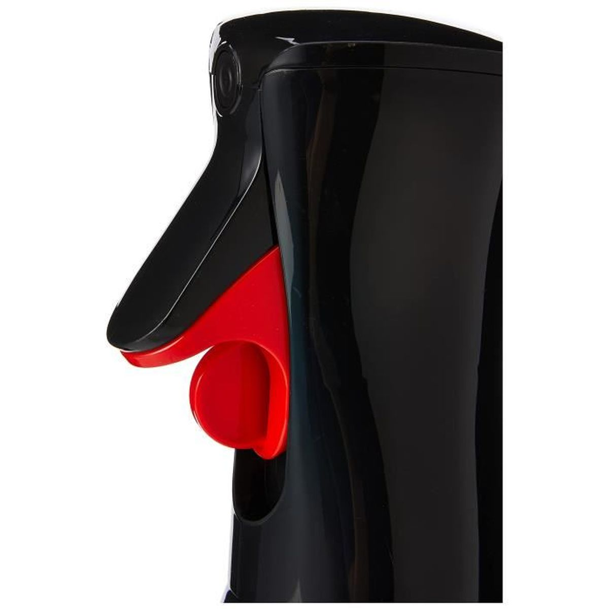 Una botella de spray negra con una boquilla roja.