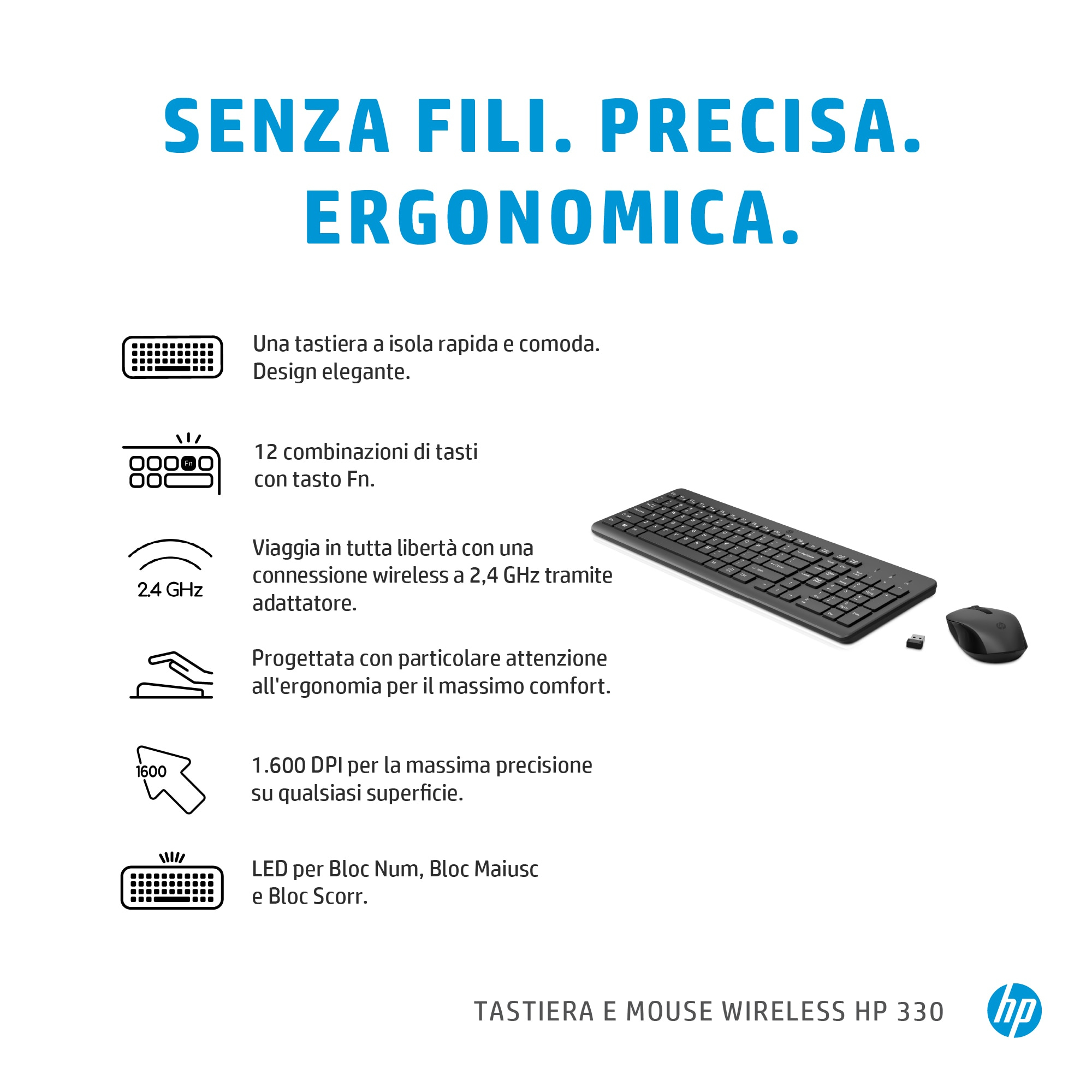 Texto informativo sobre un conjunto de teclado y ratón. Incluye iconos y descripciones, negro sobre blanco.