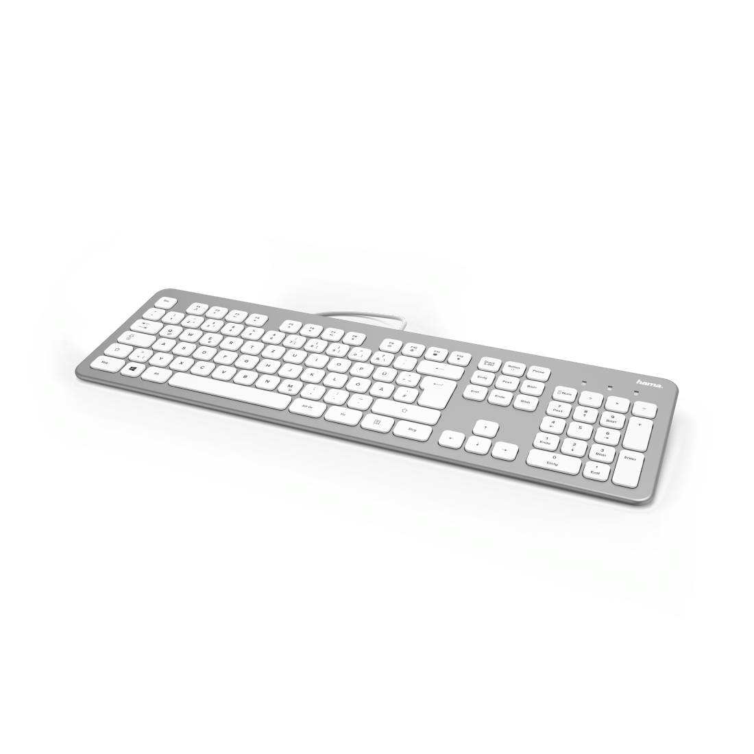 Eine graue Tastatur mit weißen Tasten. Der Hintergrund ist weiß.