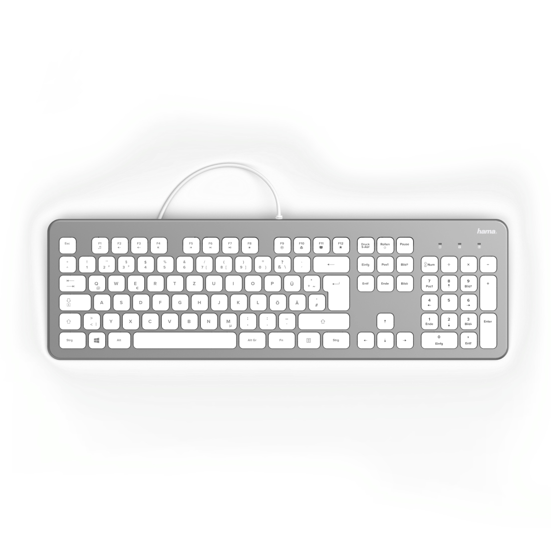 Weiße Tastatur, Draufsicht, mit Tasten in Standardanordnung.