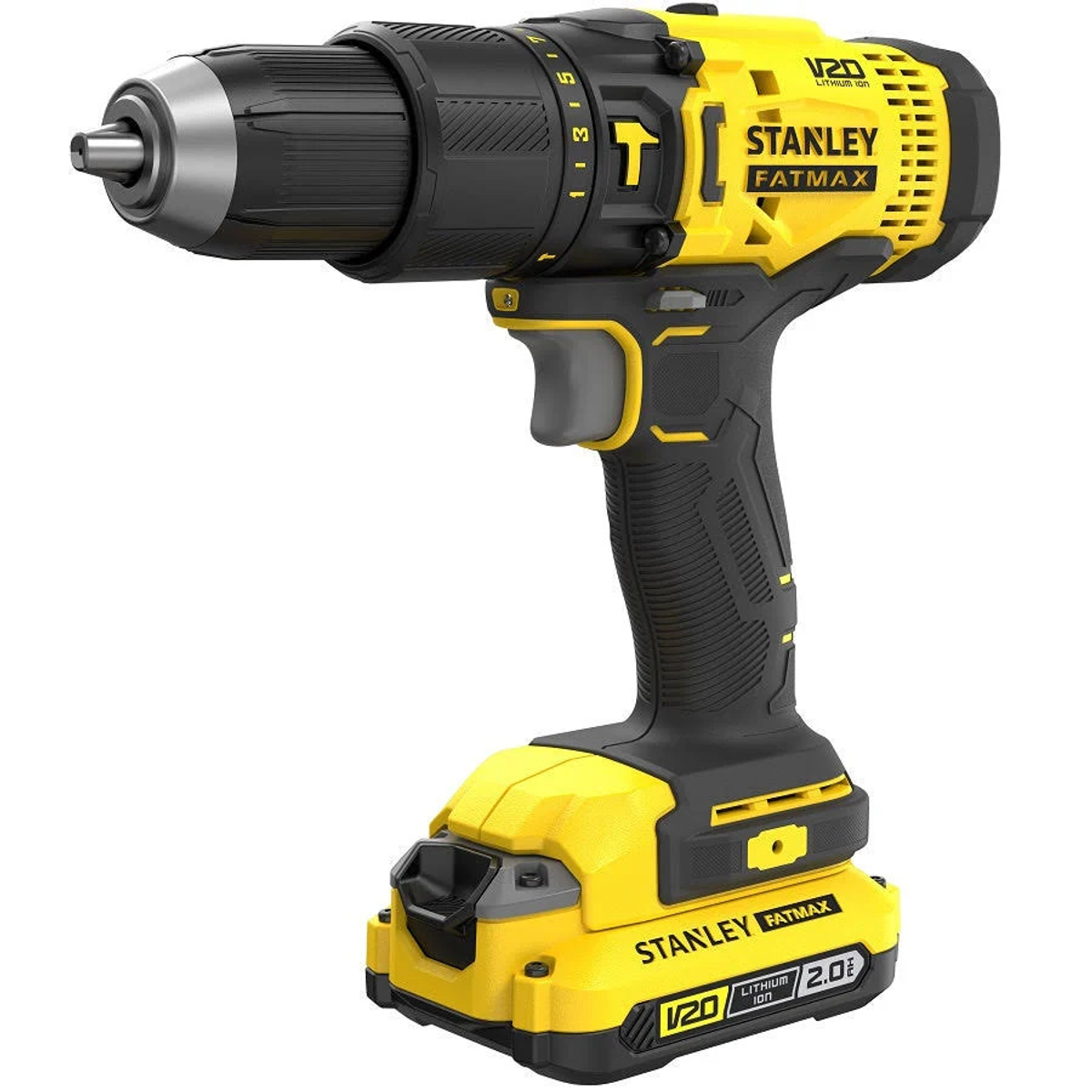Gelb-schwarze Stanley Fatmax Bohrmaschine. Sie hat einen Auslöser, Akku und Bohrer.