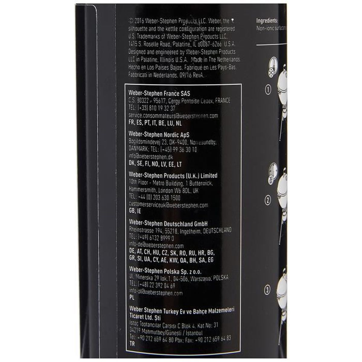 Ein schwarz-weißes Produktetikett mit verschiedenen Texten über das Produkt und Kontaktinformationen.