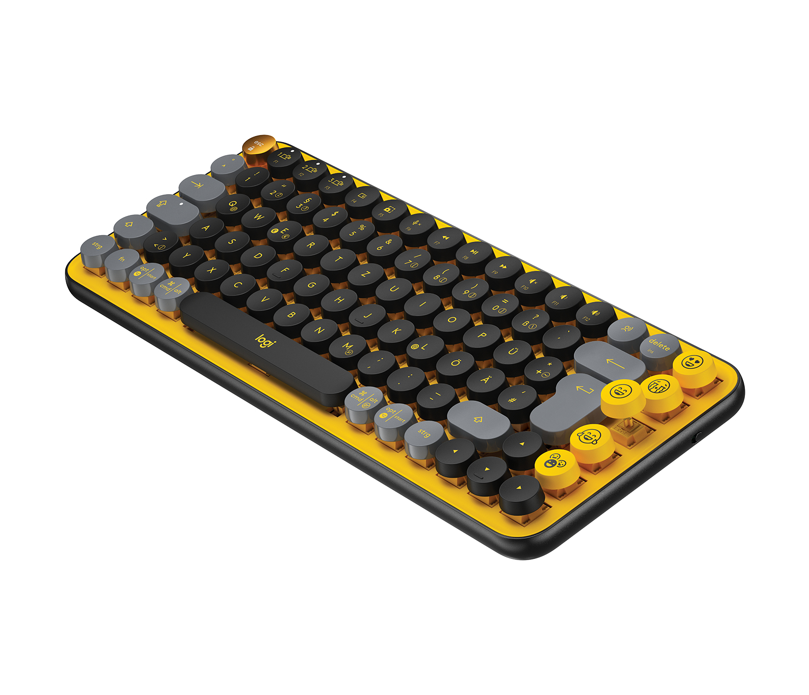 Gelb-schwarze Tastatur. Sie hat ein einzigartiges rundes Tasten-Design und das Logo.