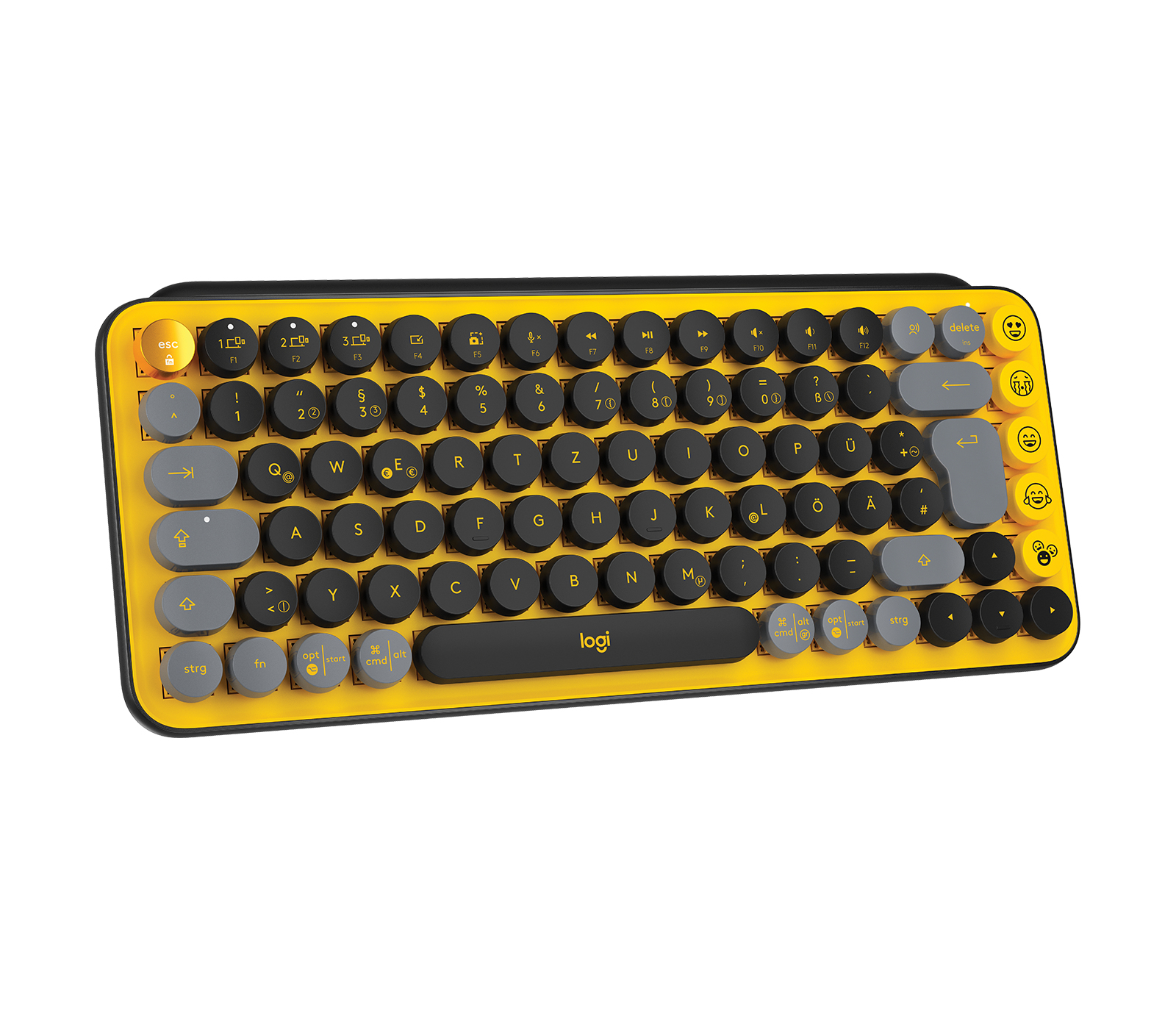 Gelbe und schwarze Tastatur mit runden Tasten. Die Tasten haben graue und schwarze Farben.