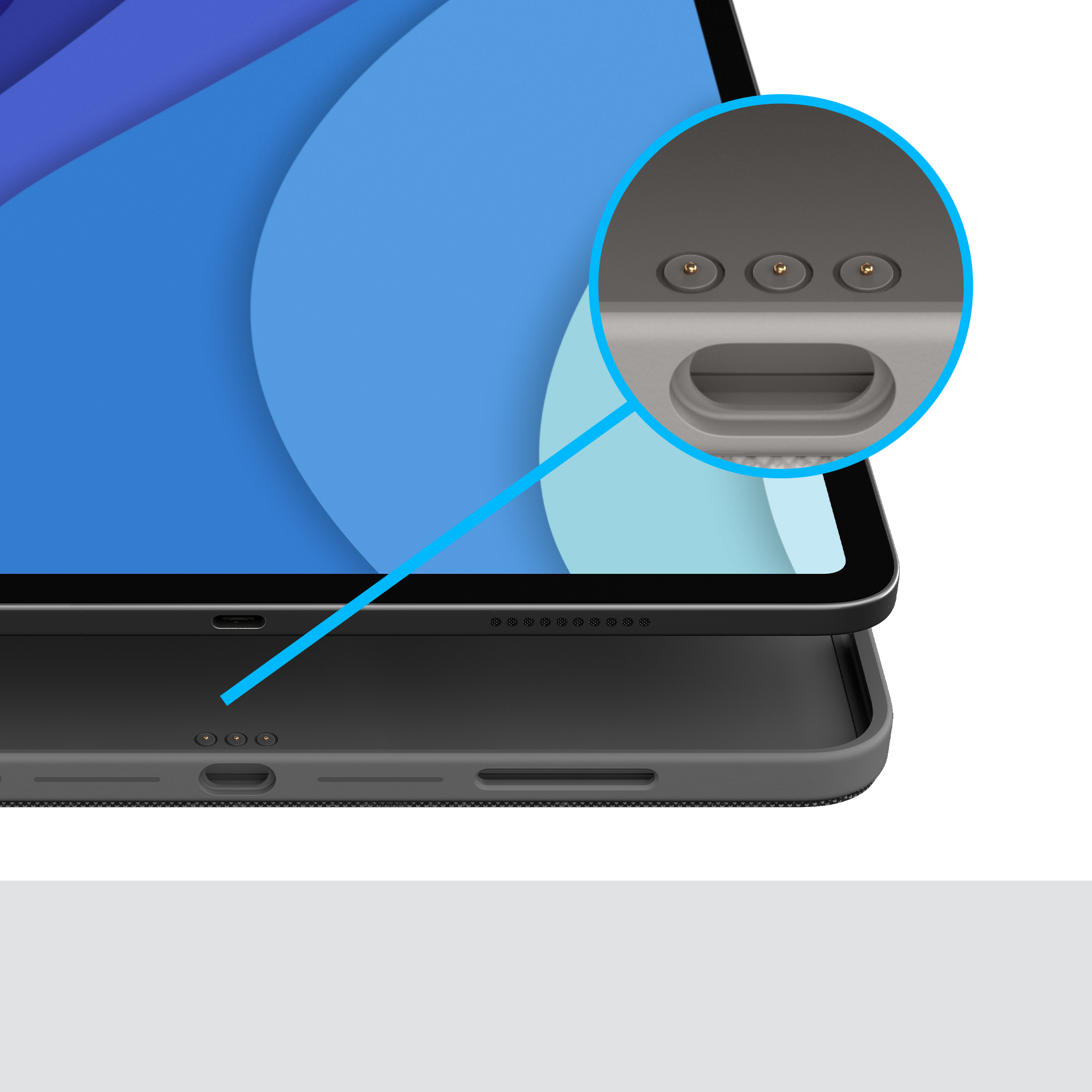 Un tablet con custodia grigia. La parte superiore del tablet ha un connettore e un primo piano con zoom.