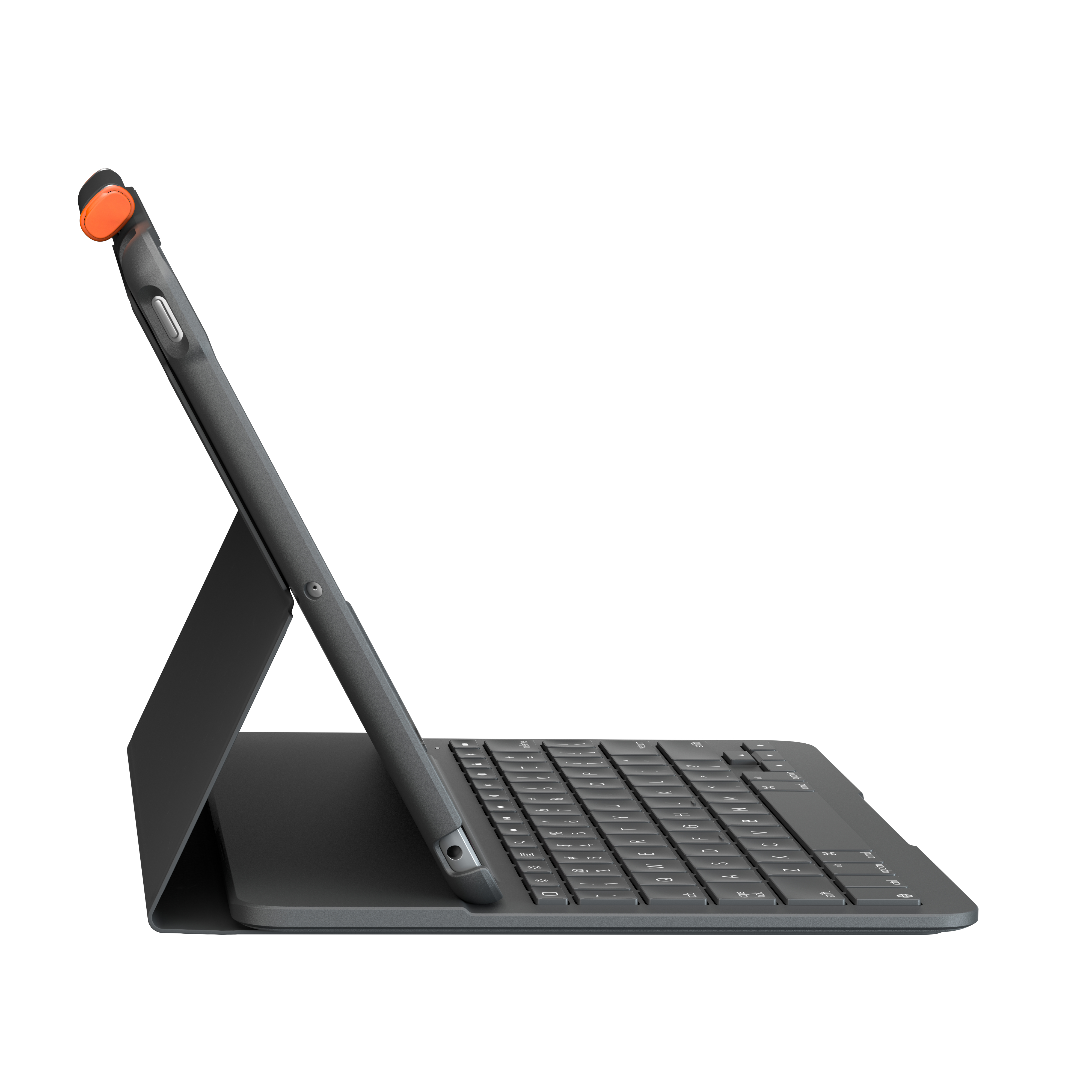 Tablet con custodia per tastiera collegata, colore grigio.