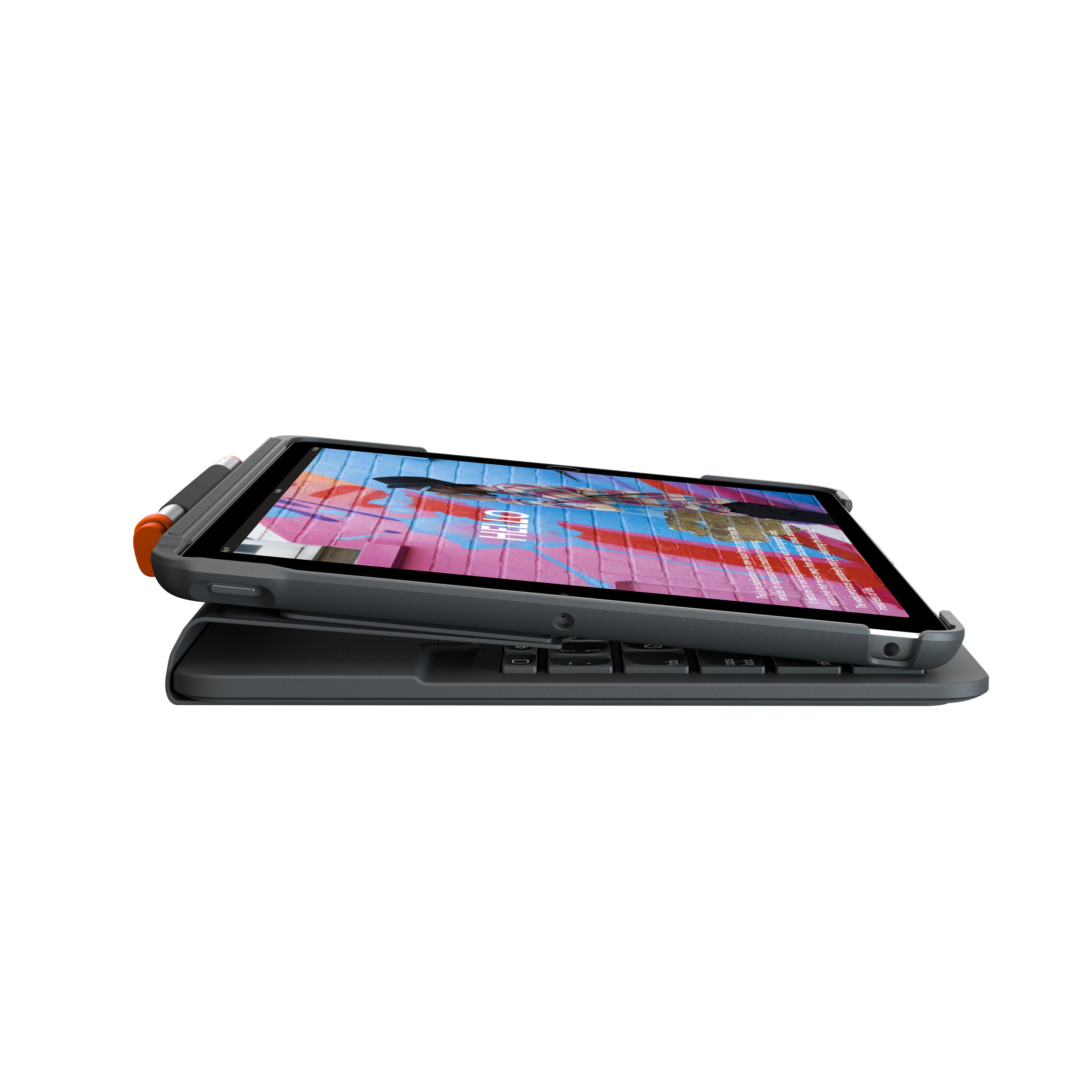 Tablet con custodia tastiera. Tablet inclinato, che mostra lo schermo. Custodia e tastiera grigie.