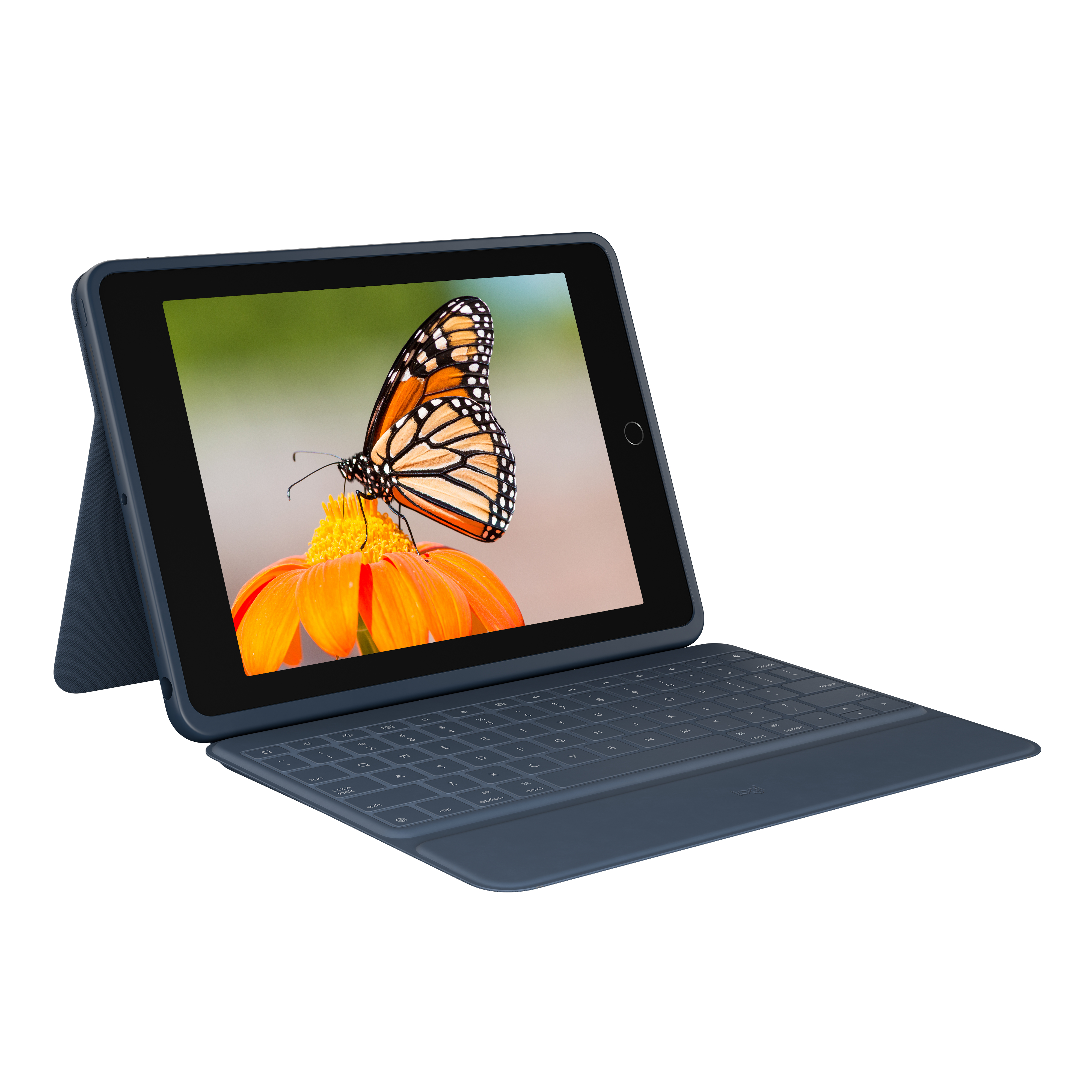 Un tablet in custodia blu con tastiera attaccata. Una farfalla sullo schermo.