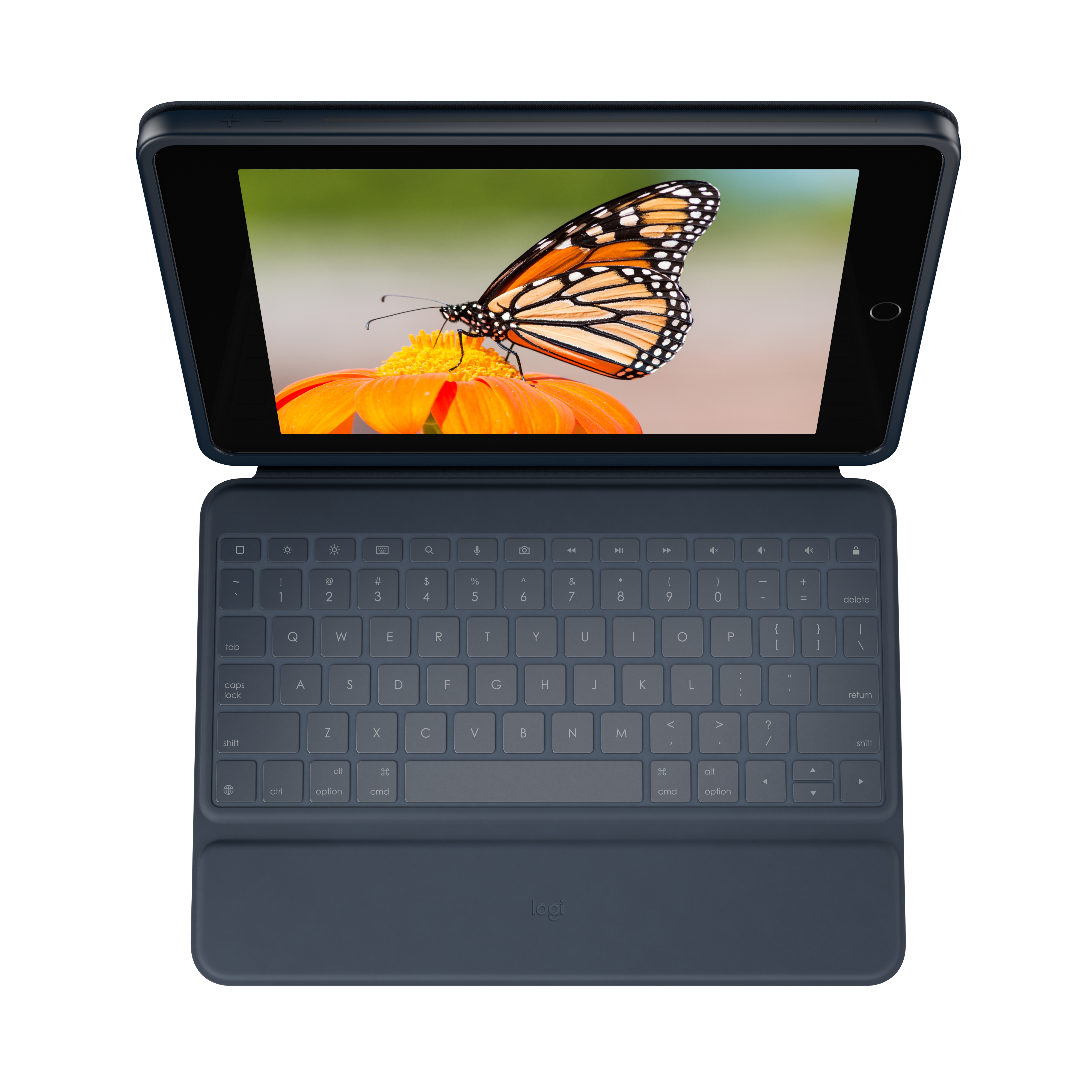 Un tablet aperto con custodia tastiera blu. Una farfalla si posa su un fiore arancione sullo schermo.