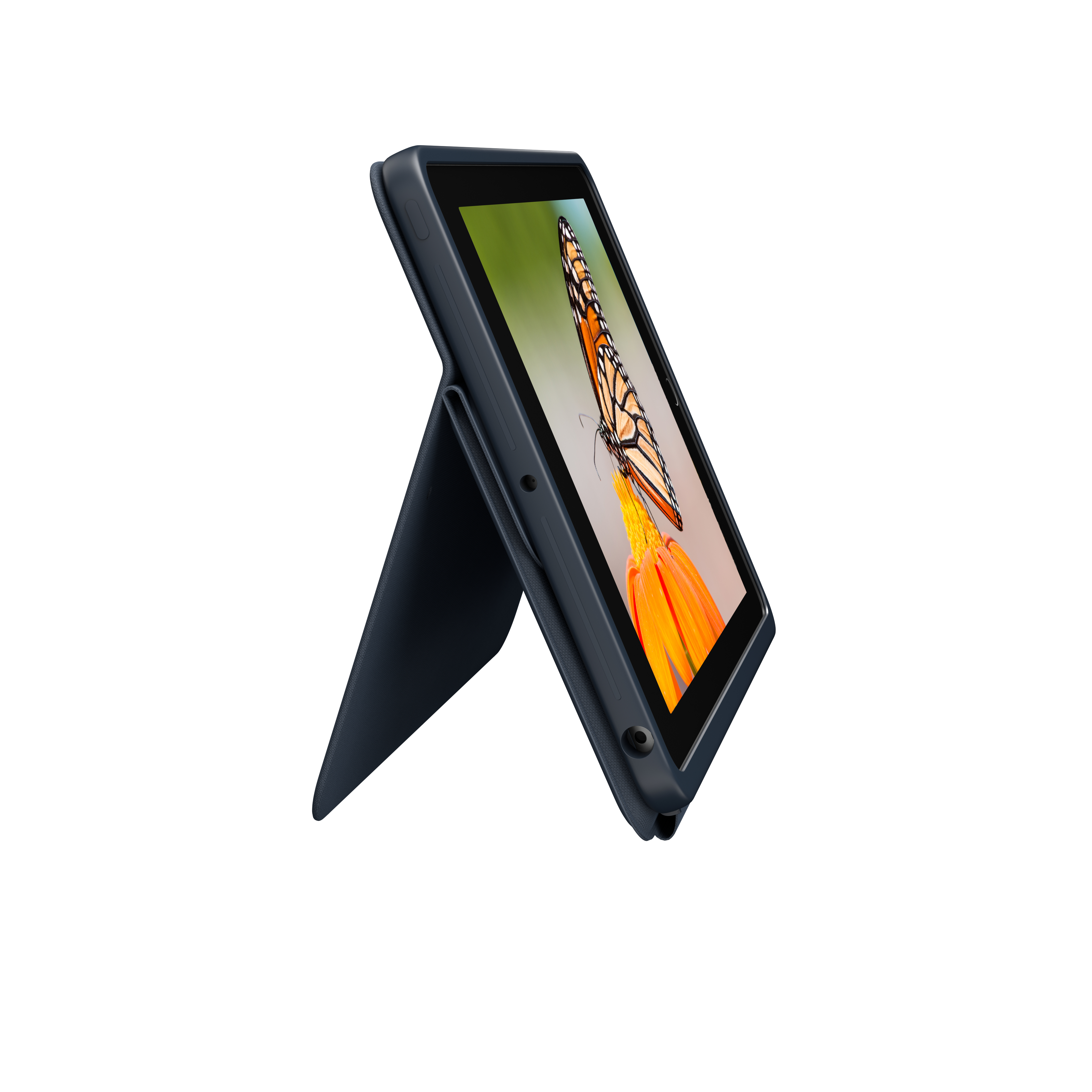 Un tablet scuro con una farfalla su un fiore sullo schermo.