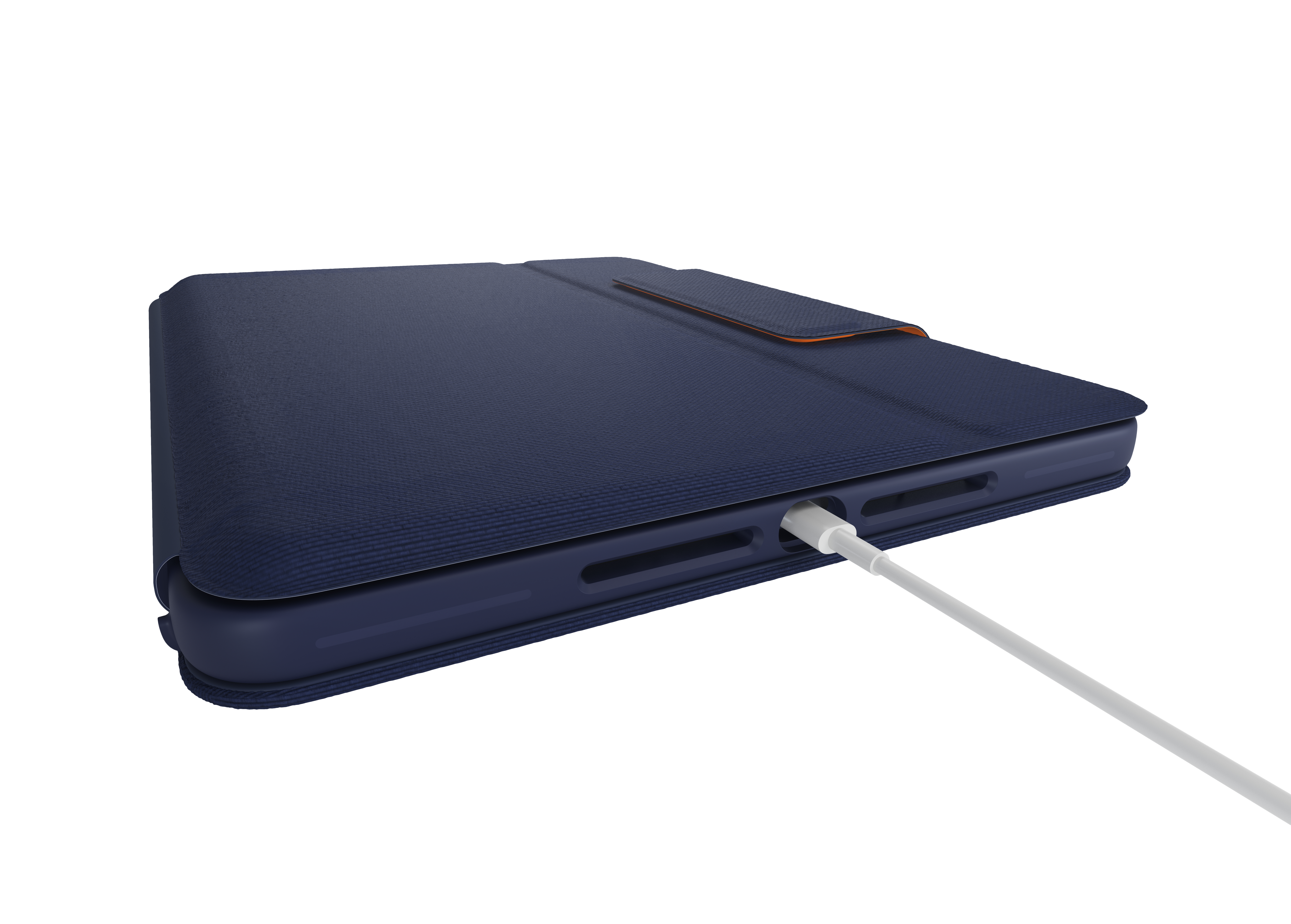 Custodia blu scuro per tablet con dettaglio arancione, cavo di ricarica inserito.